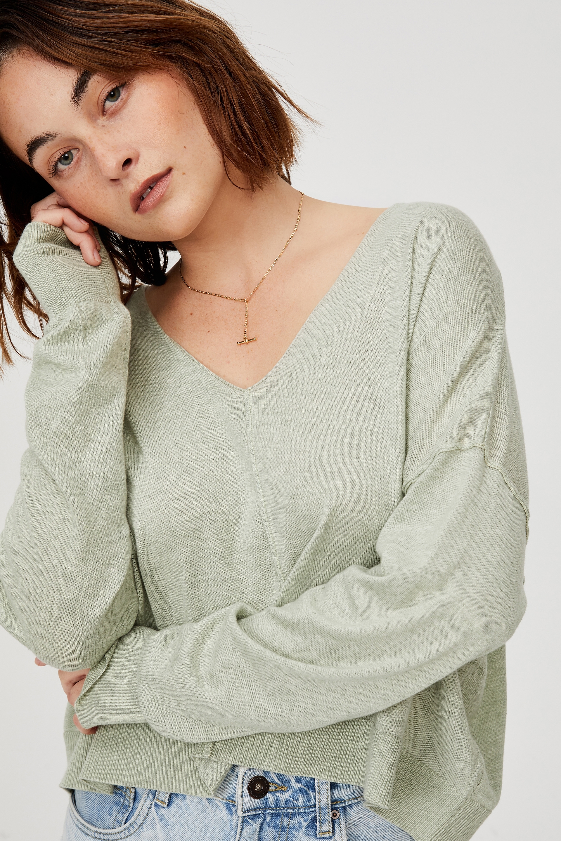 Cotton On Women - Cotton Vegetable Dye V Neck Pullover - Mulberry leaf green marle