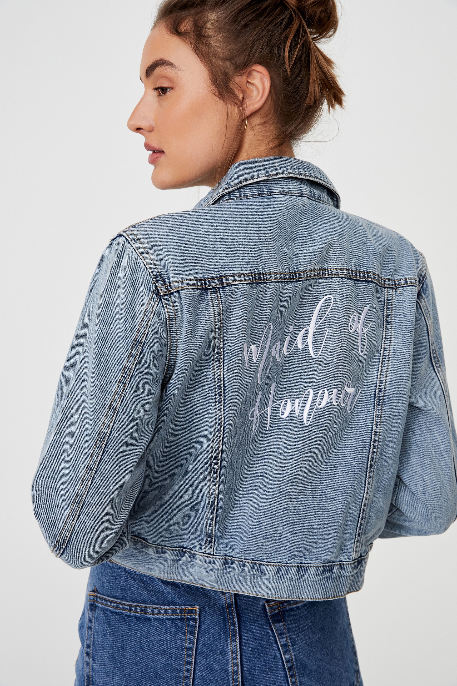 Cotton On Women - Girlfriend Denim Jacket Embroid Personalisation - Cabarita blue