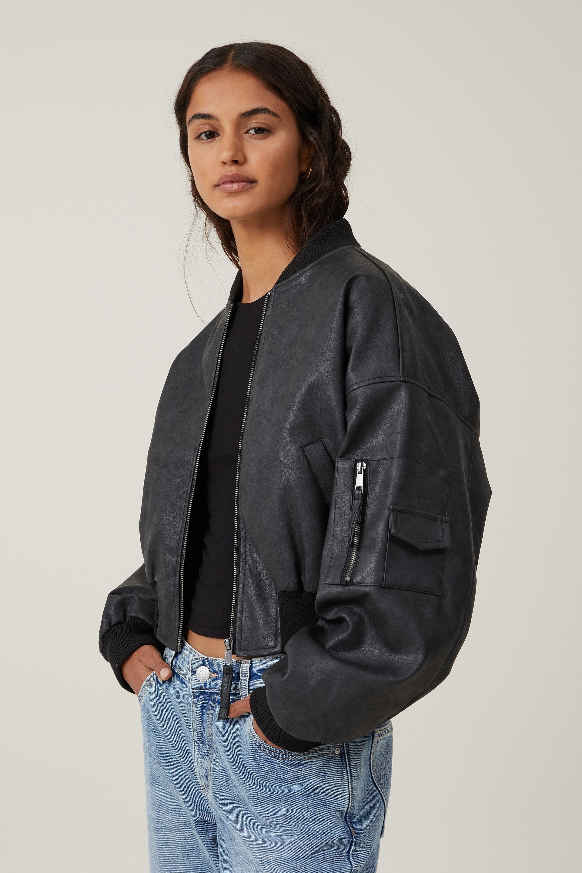 Cotton On Women - Faux Leather Cropped Bomber Jacket - Black
