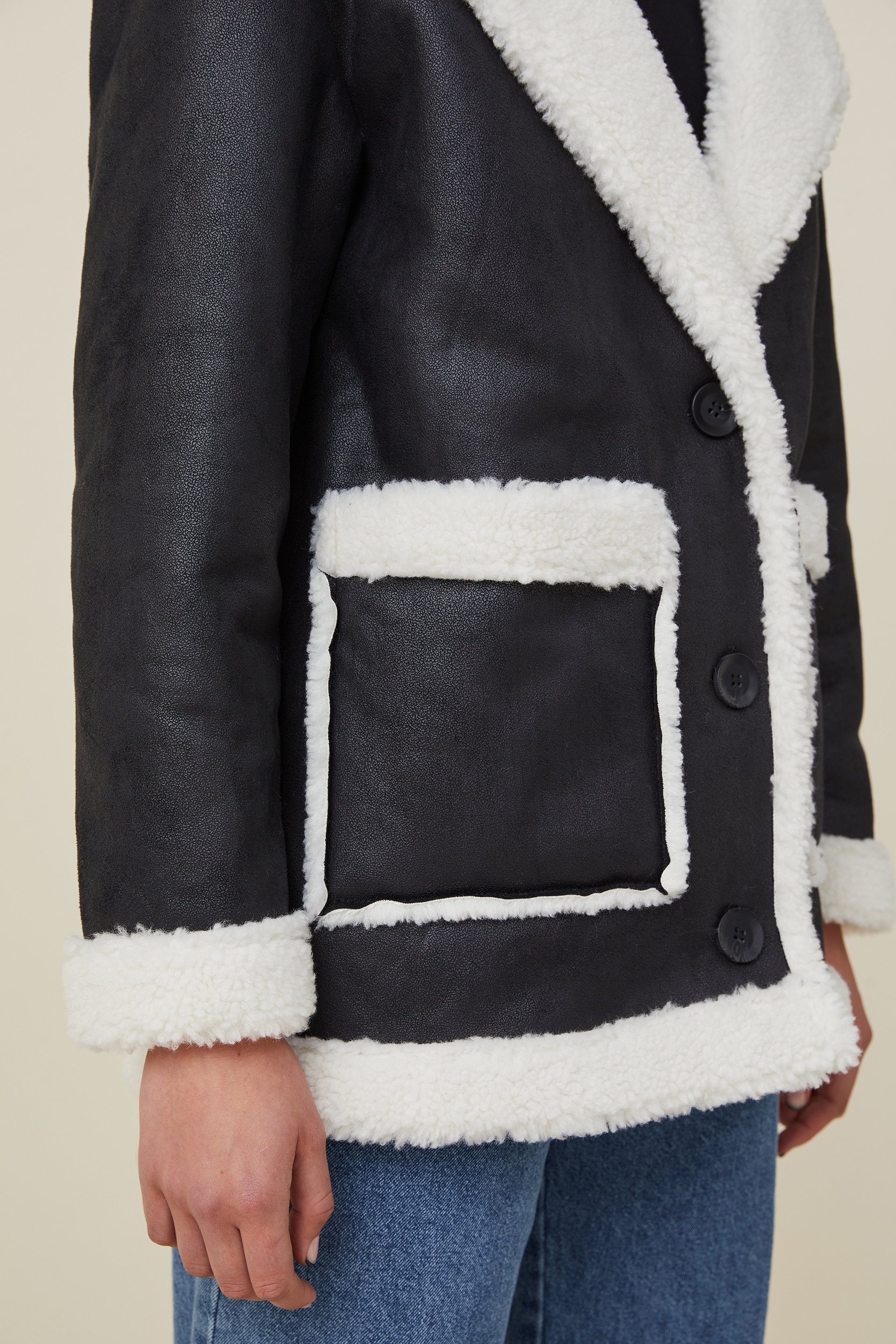 shearling jacket black and white