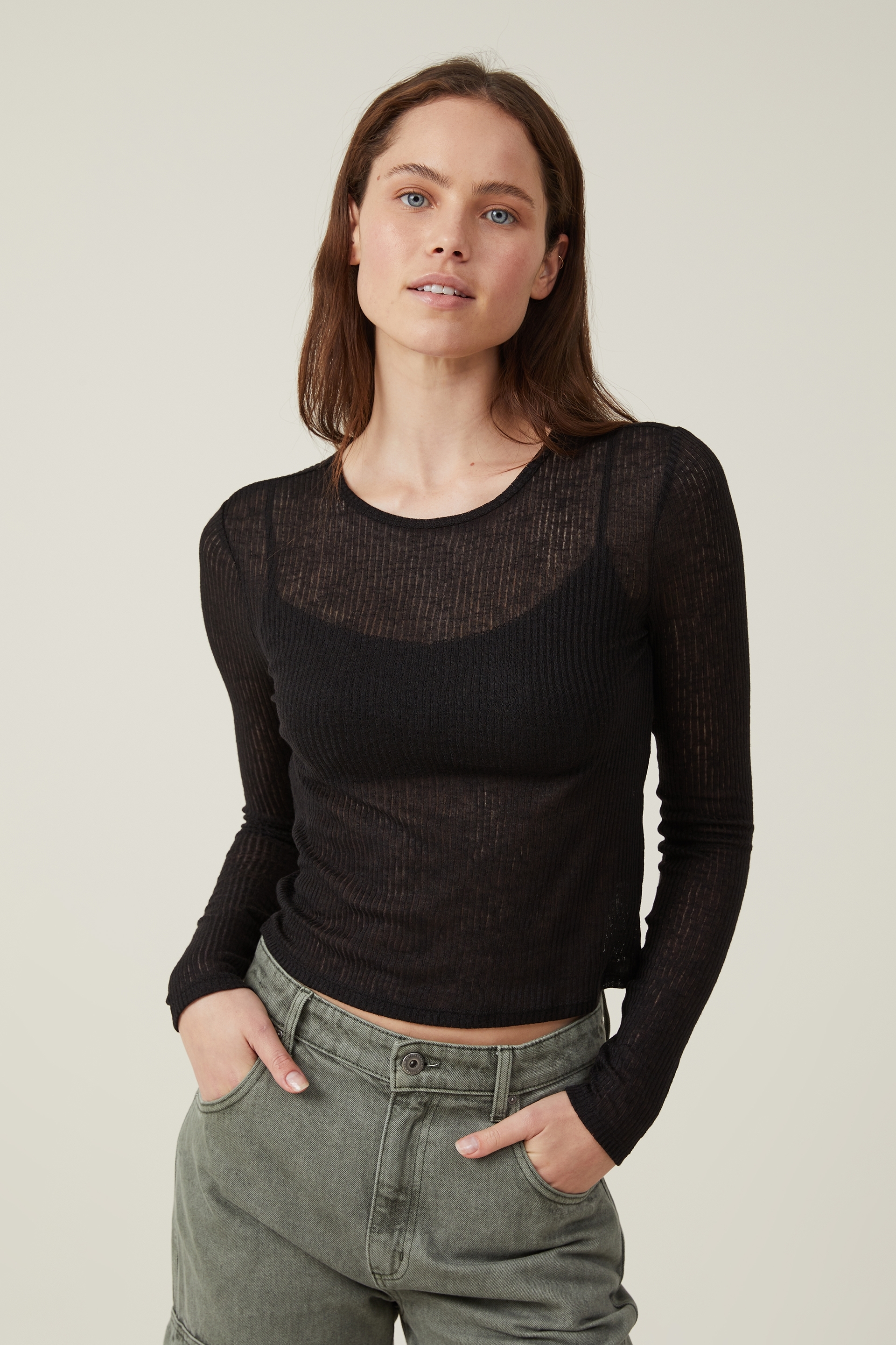 Cotton On Women - Ricki Sheer Rib Long Sleeve Top - Black