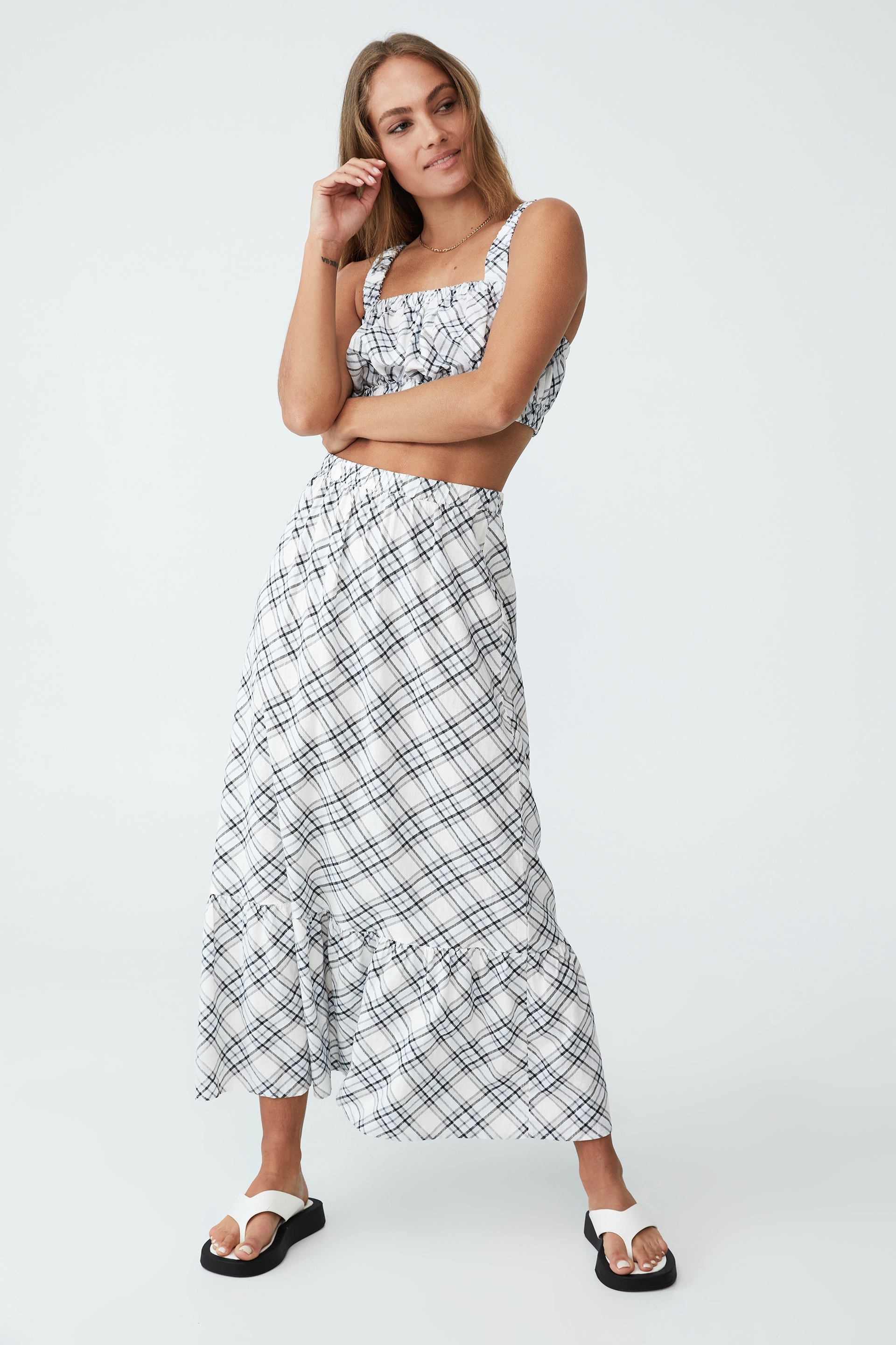 Cotton On Women - Woven Talia Ruffle Maxi Skirt - Drayton diagonal check black white