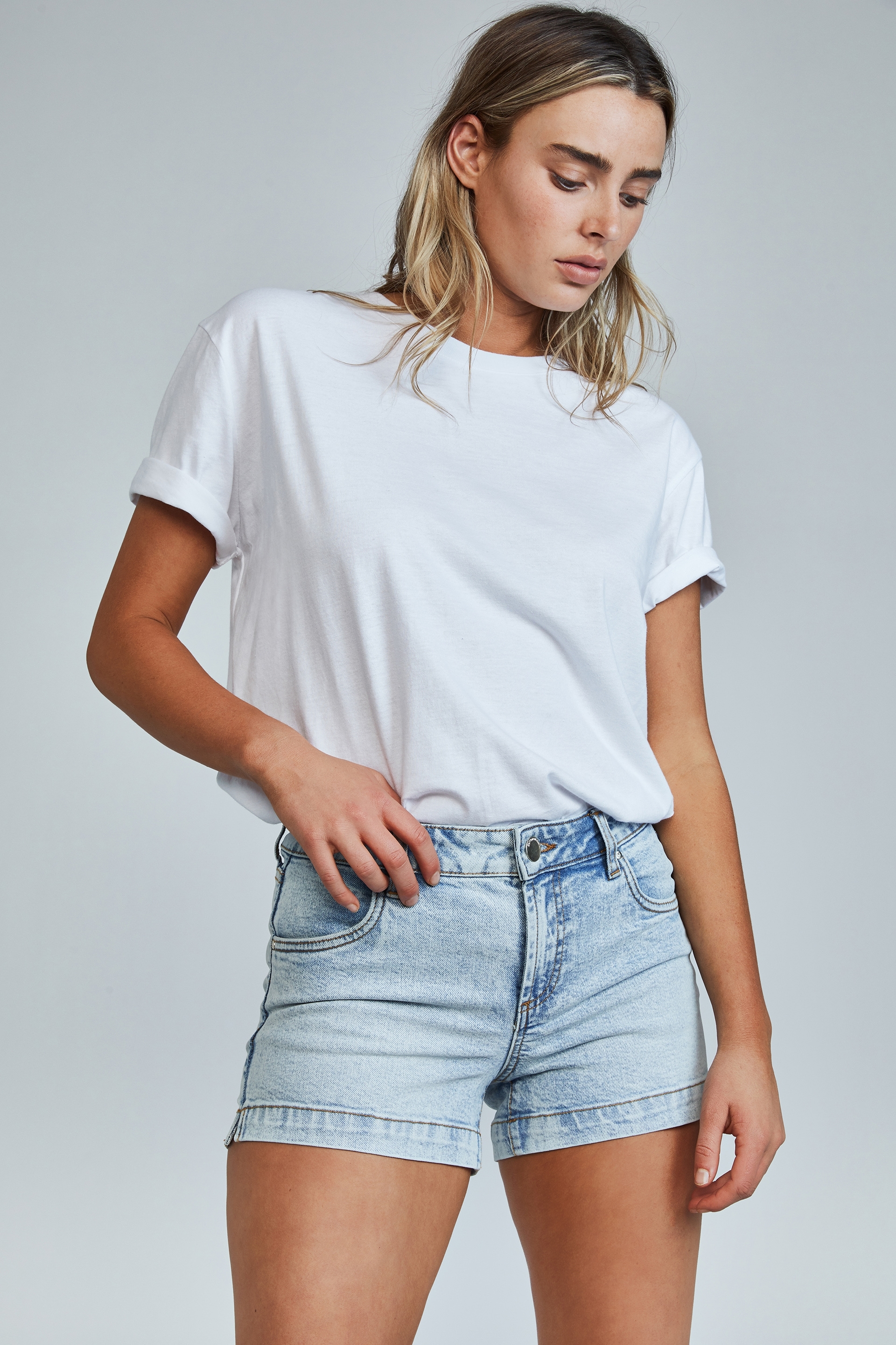 mid rise stretch denim shorts