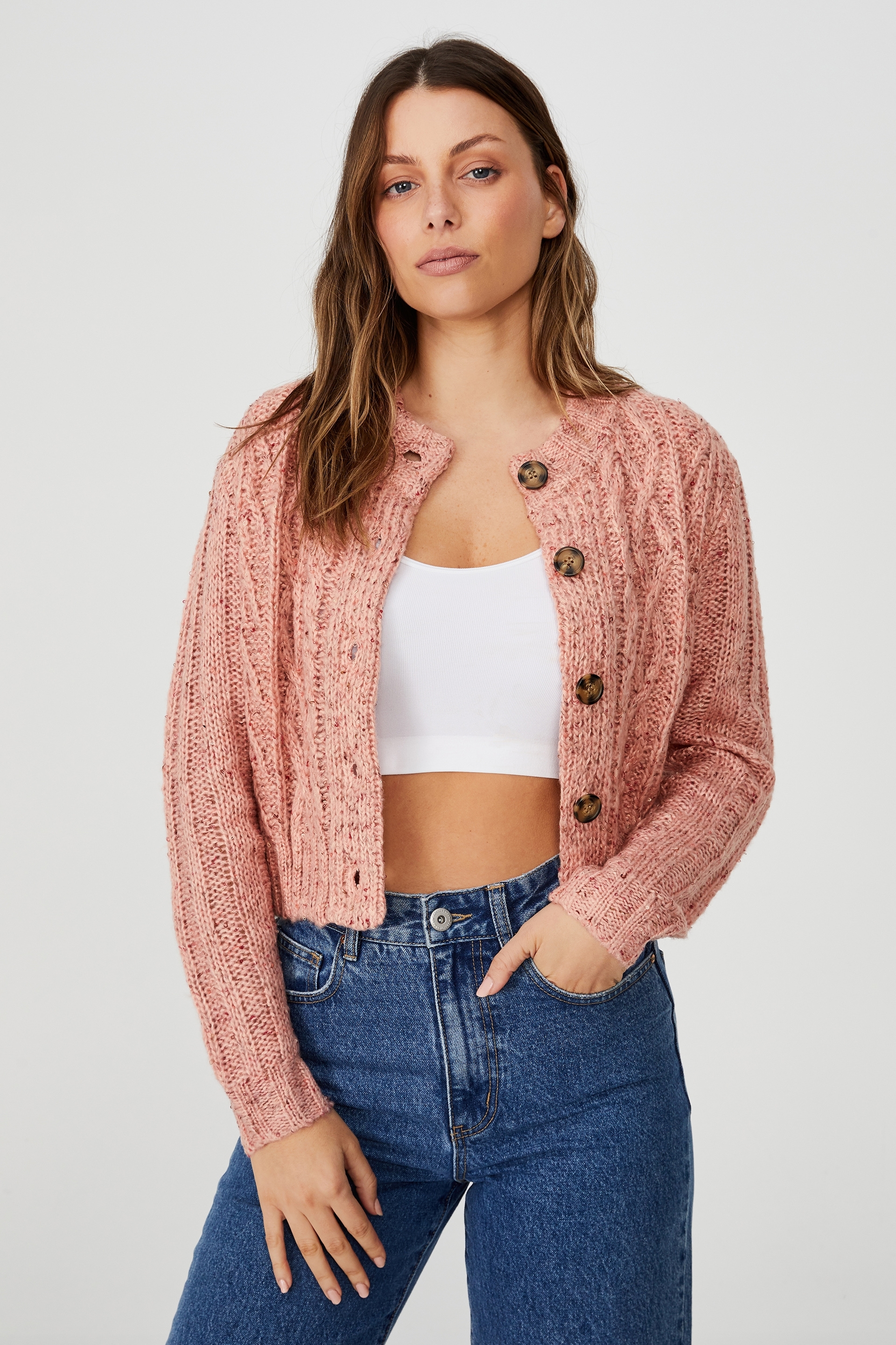 Cotton On Women - In The Mix Cabin Cable Crew Cardigan - Dusty pink