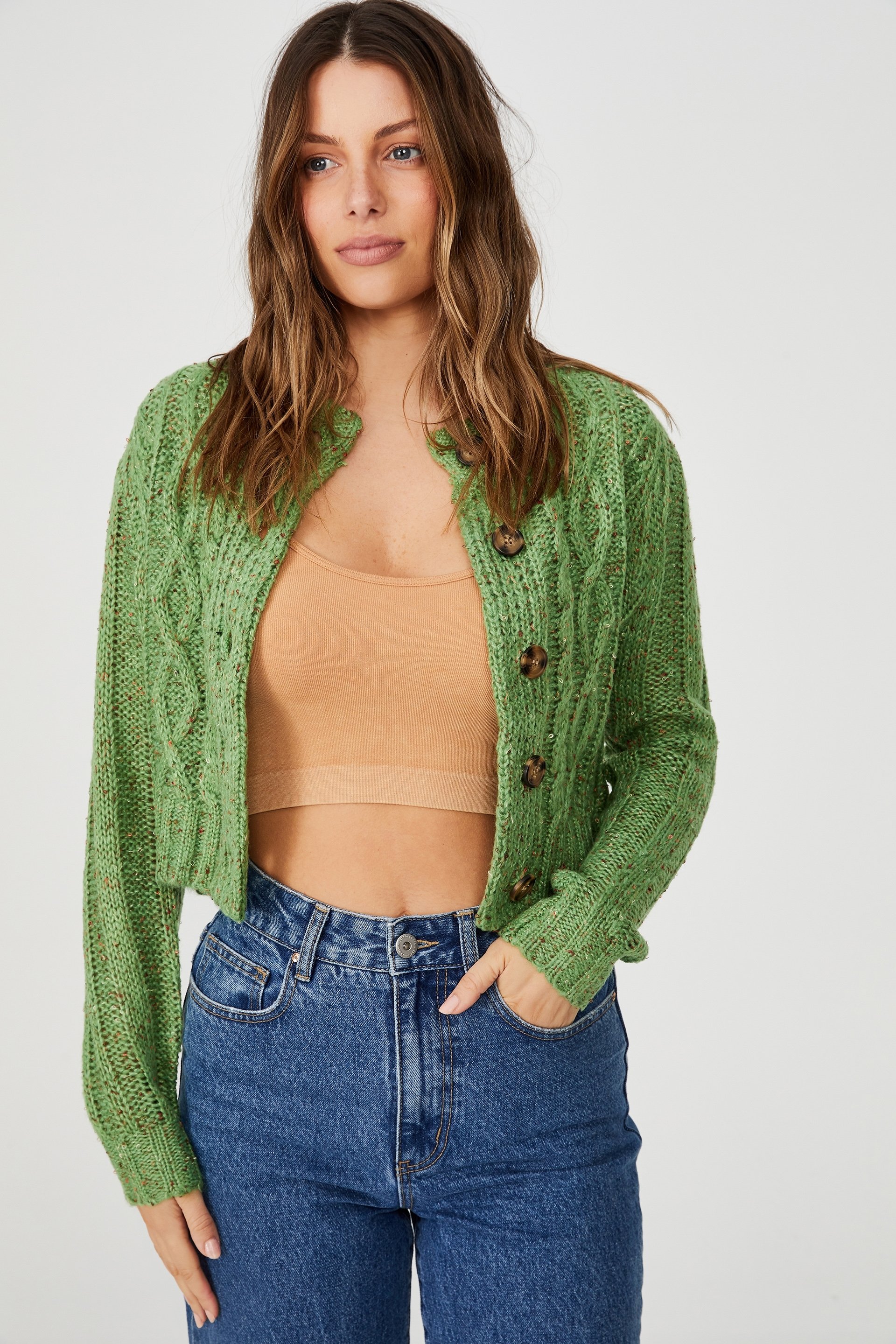 Cotton On Women - In The Mix Cabin Cable Crew Cardigan - Pistachio