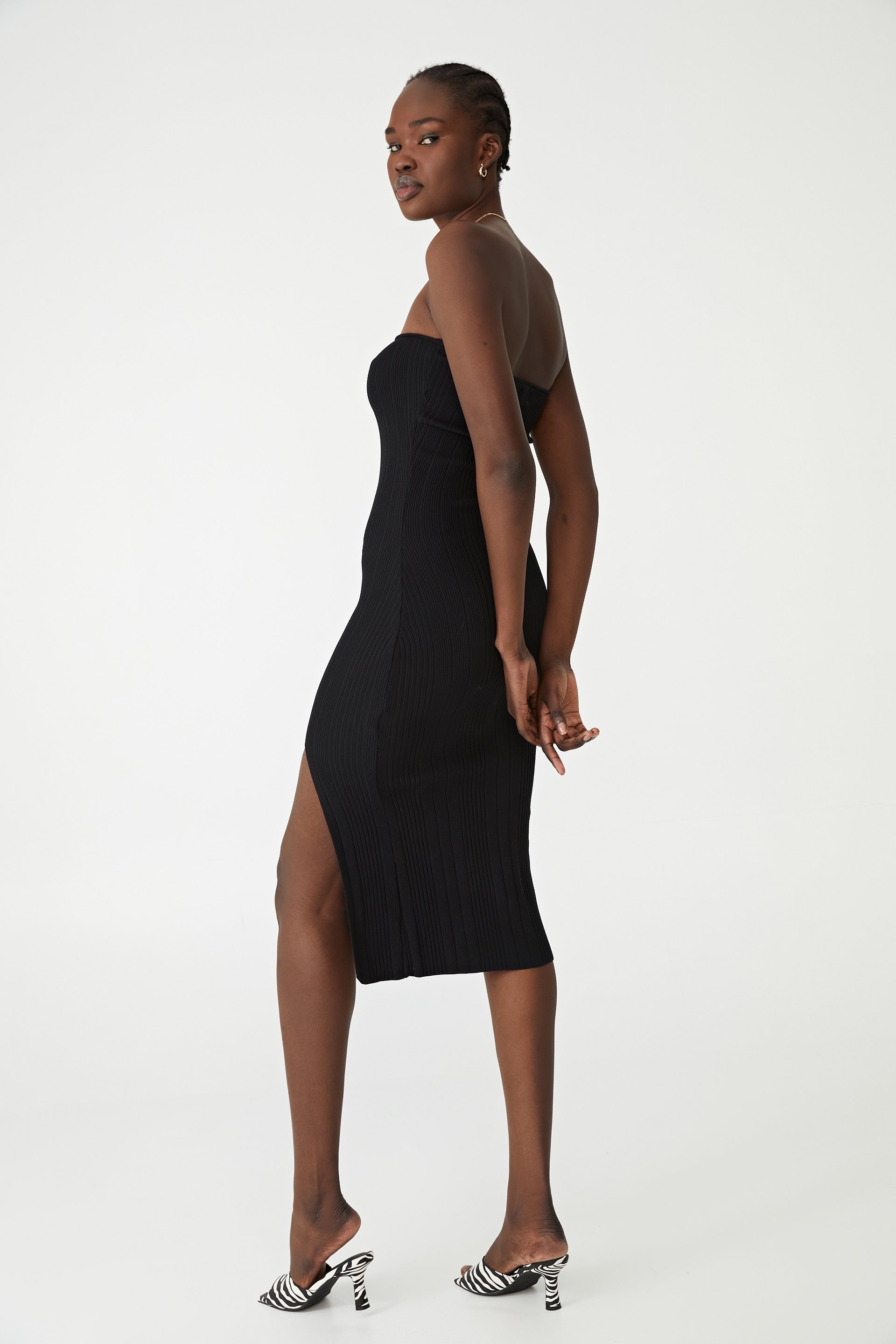 strapless knit midi dress