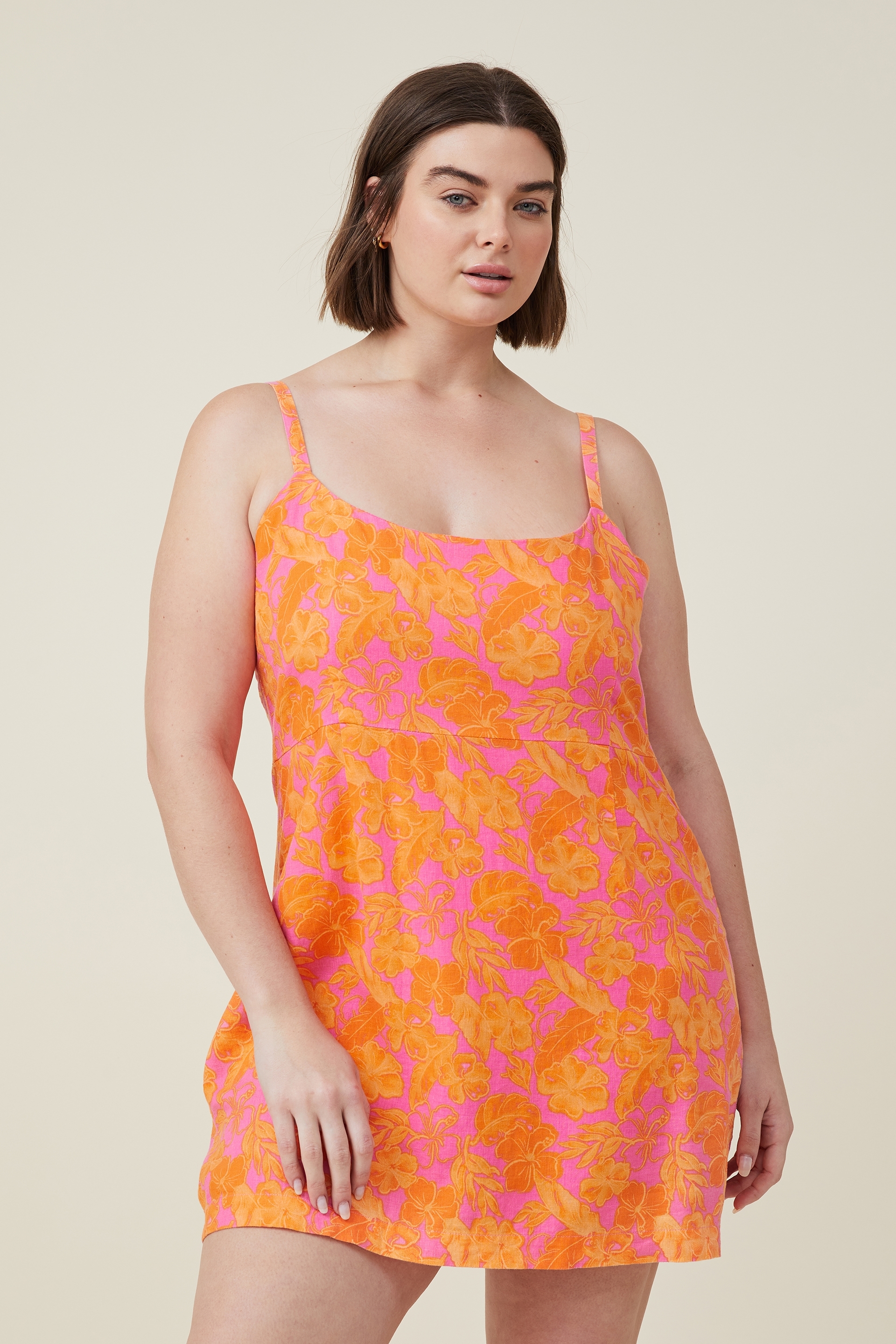 Cotton On Women - curve haven strappy mini dress - watery hibiscus print pink/ orange