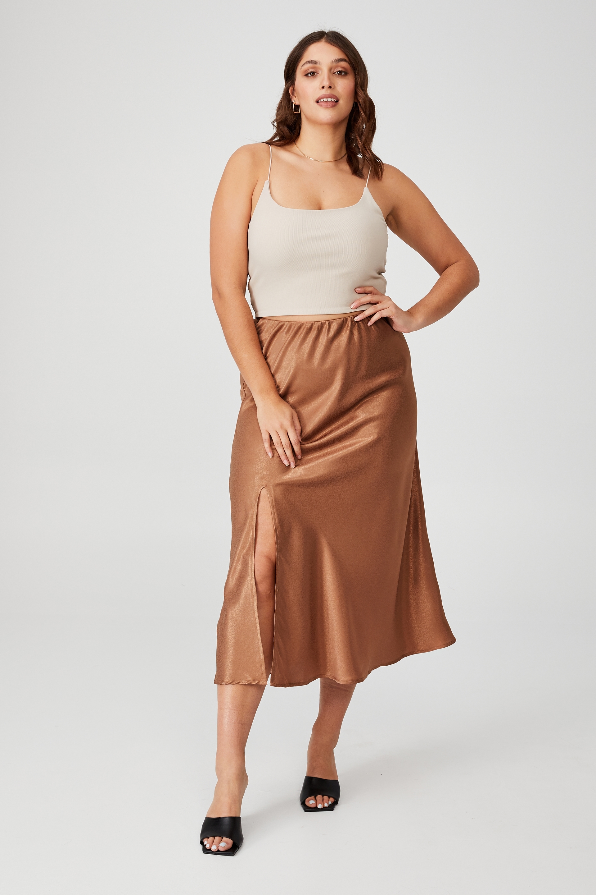 Cotton On Women - Curve Side Split Midi Skirt - Cocoa bean