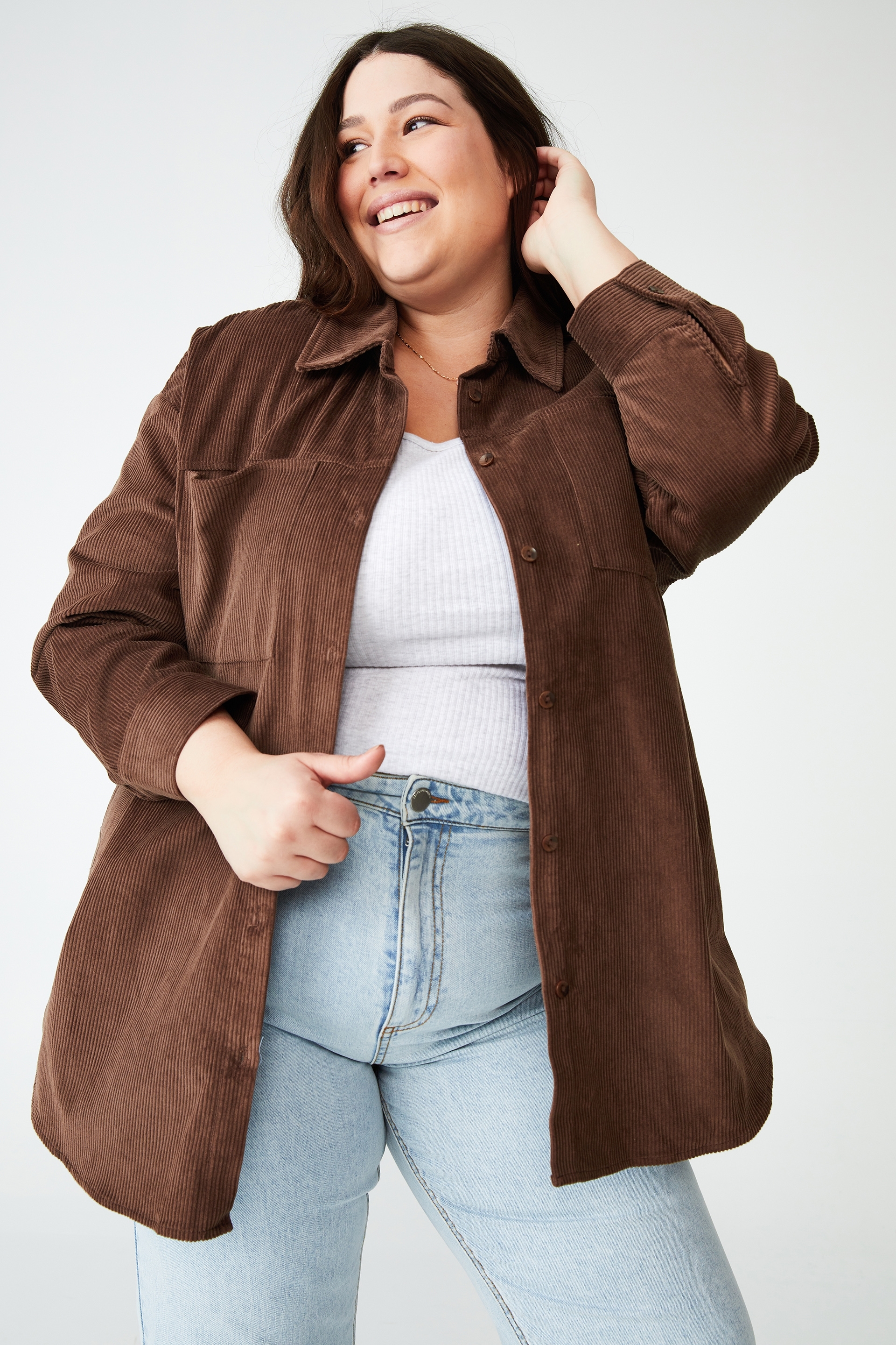 Cotton On Women - Curve The Lightweight Cord Shacket - Leaf brown