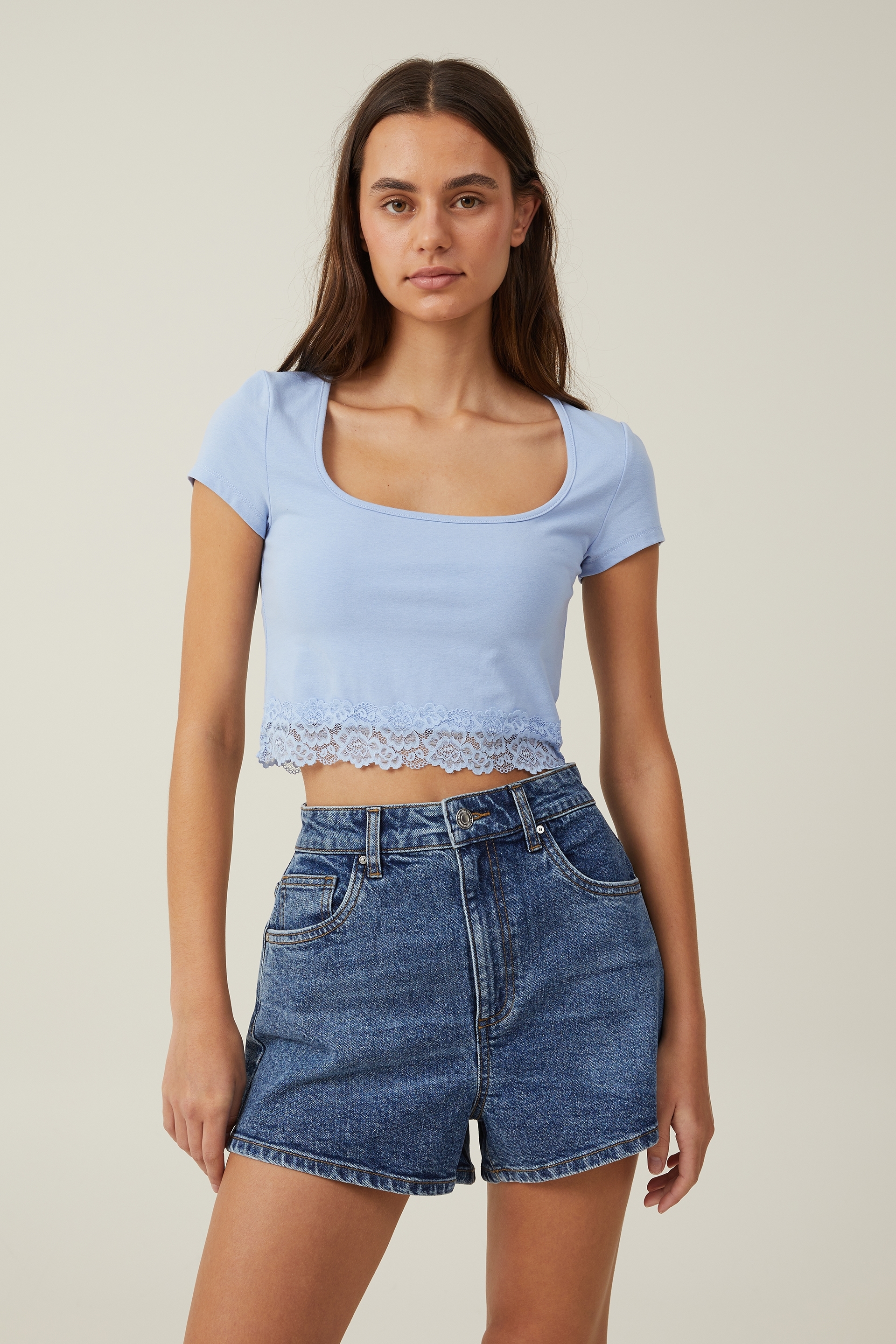 Cotton On Women - Katie Lace Hem Short Sleeve Top - Soft blue