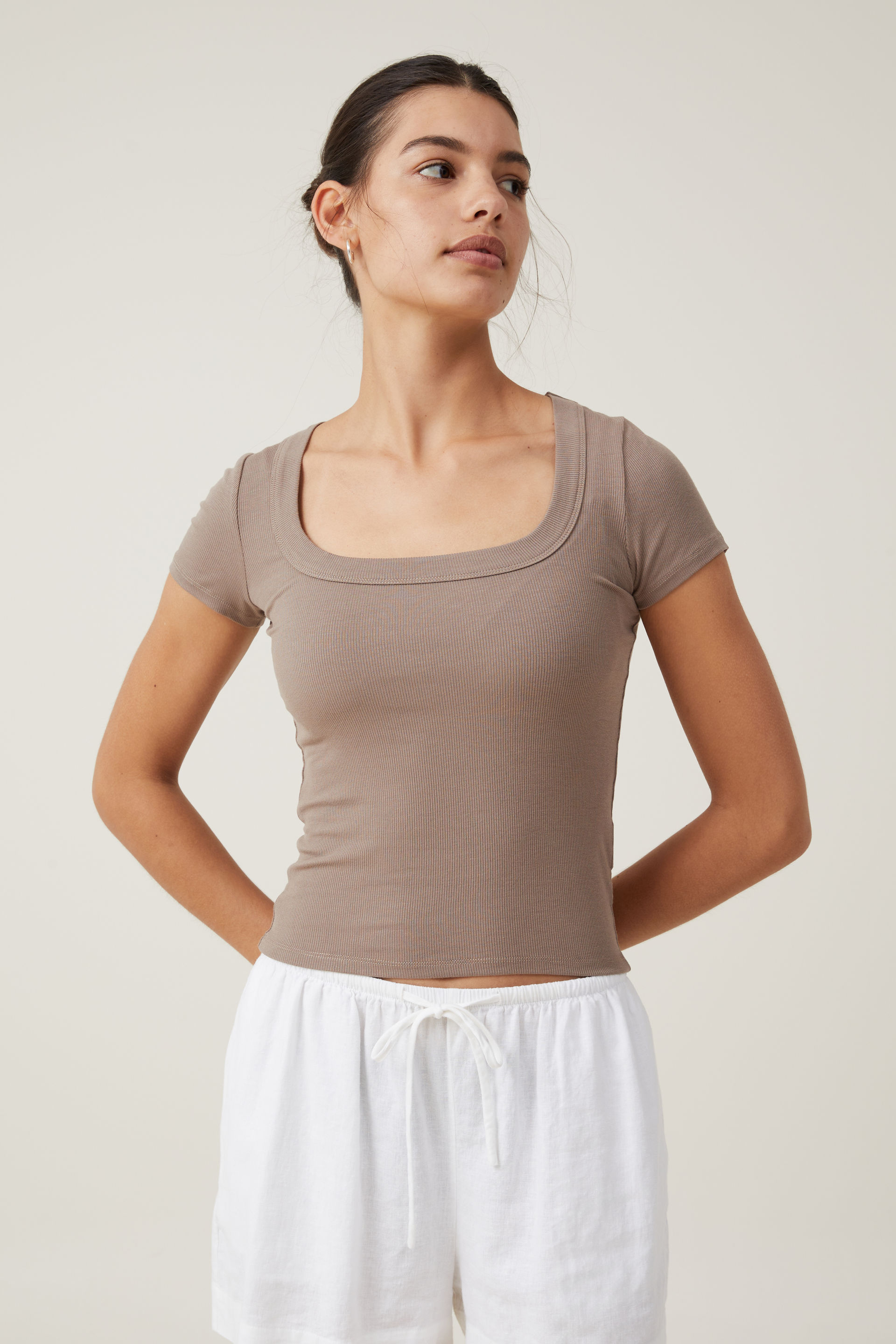 Cotton On Women - Staple Rib Scoop Neck Short Sleeve Top - Rich taupe
