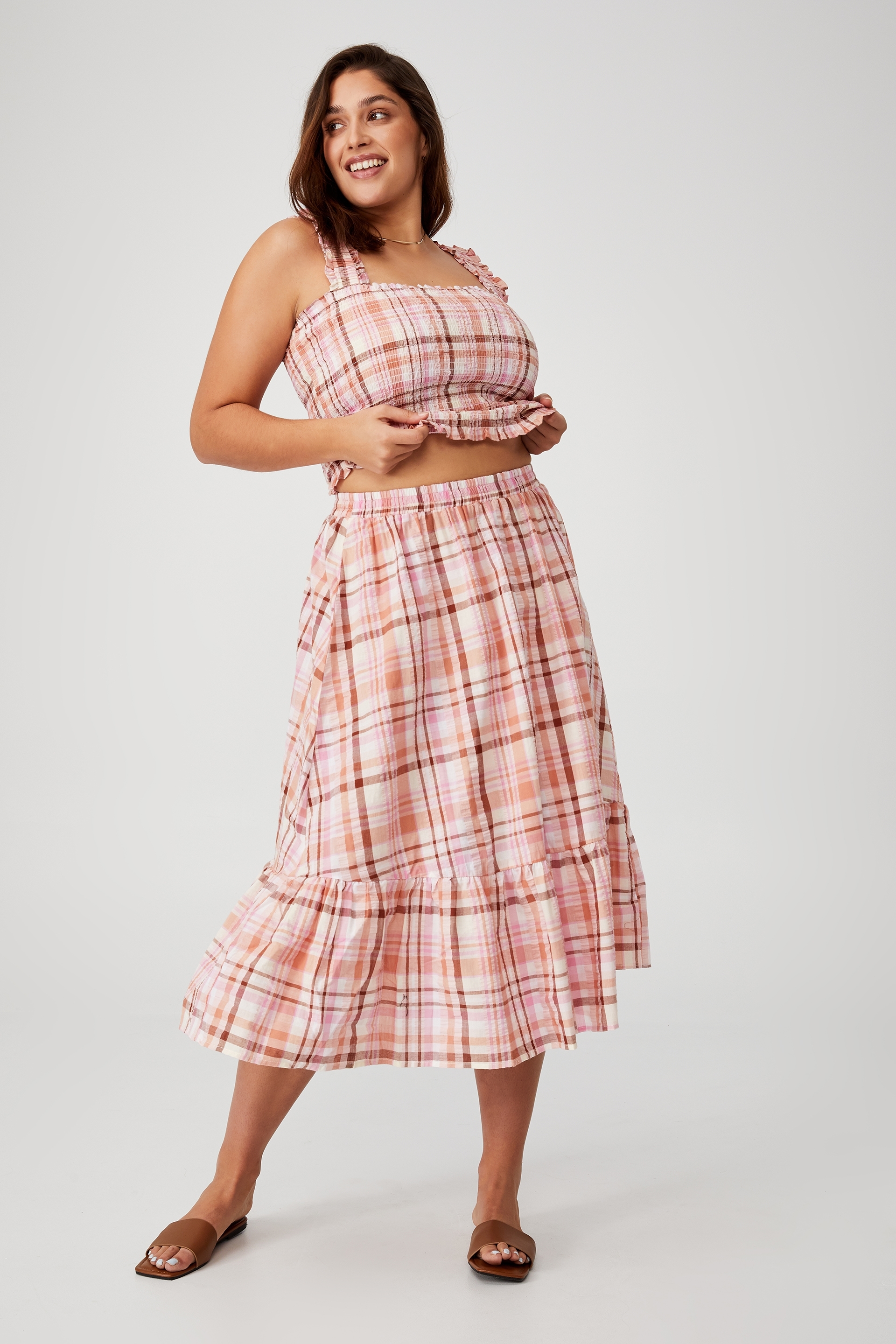 Cotton On Women - Curve Tiered Midi Skirt - Marley check dusty pink