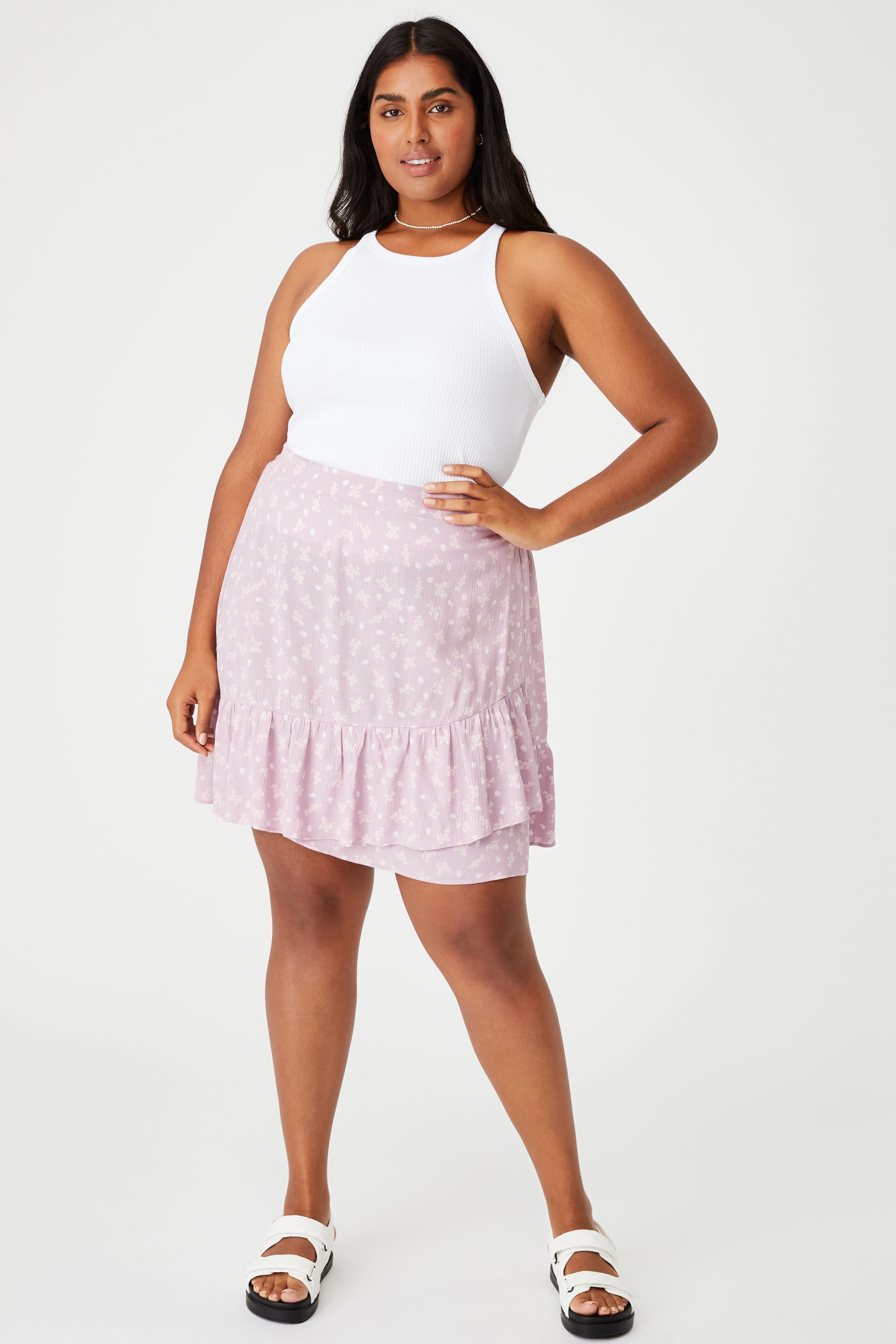 Cotton On Women - Curve Asymmetric Frill Mini Skirt - Riddle ditsy pink mauve