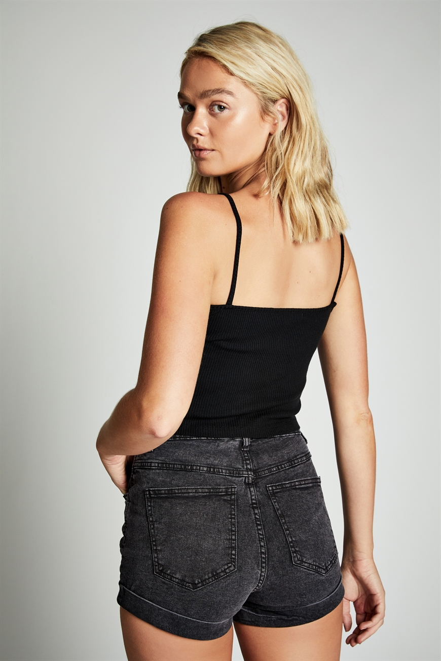 women's black stretch denim shorts