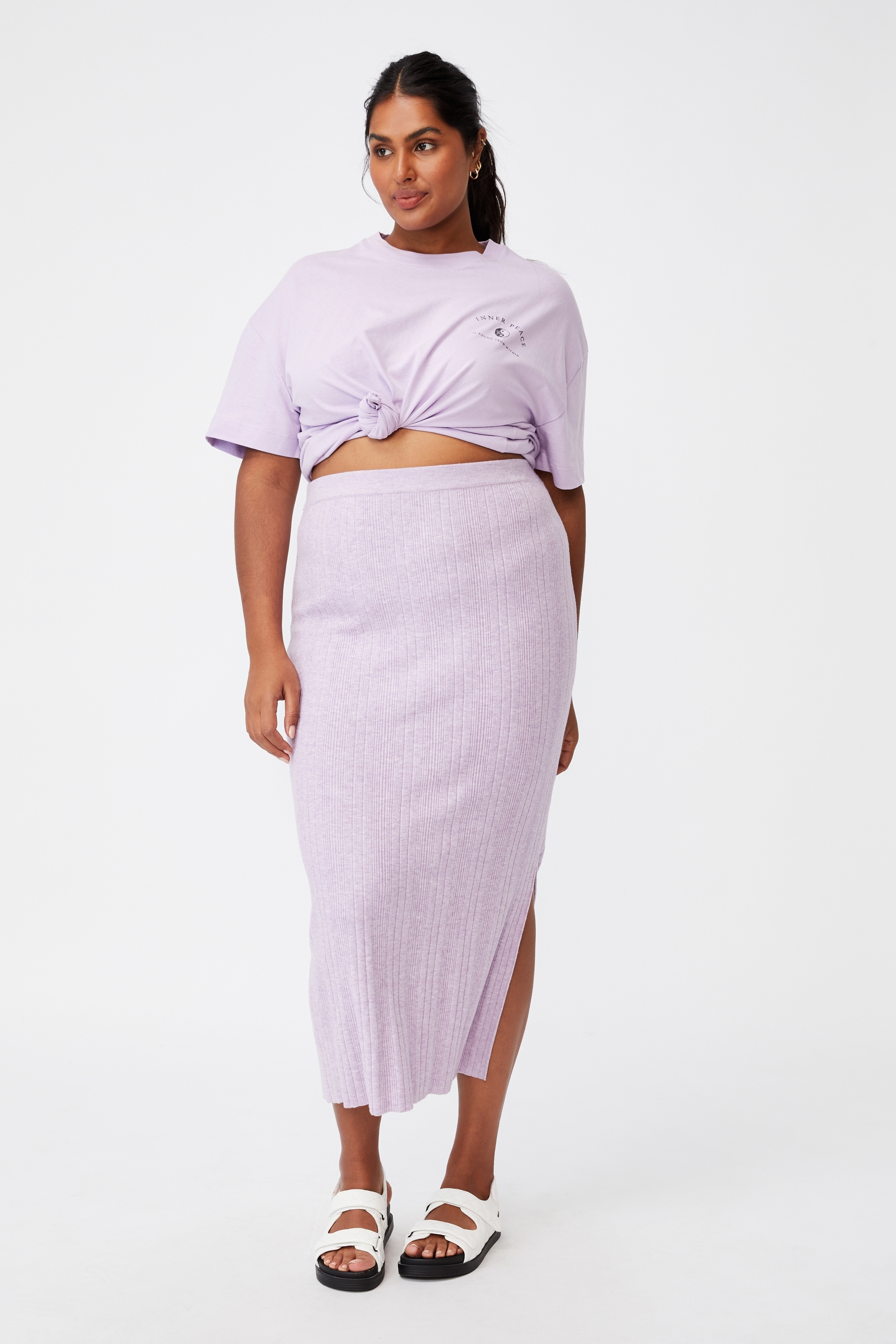 Cotton On Women - Curve Knit Midi Skirt - Lilac bloom marle