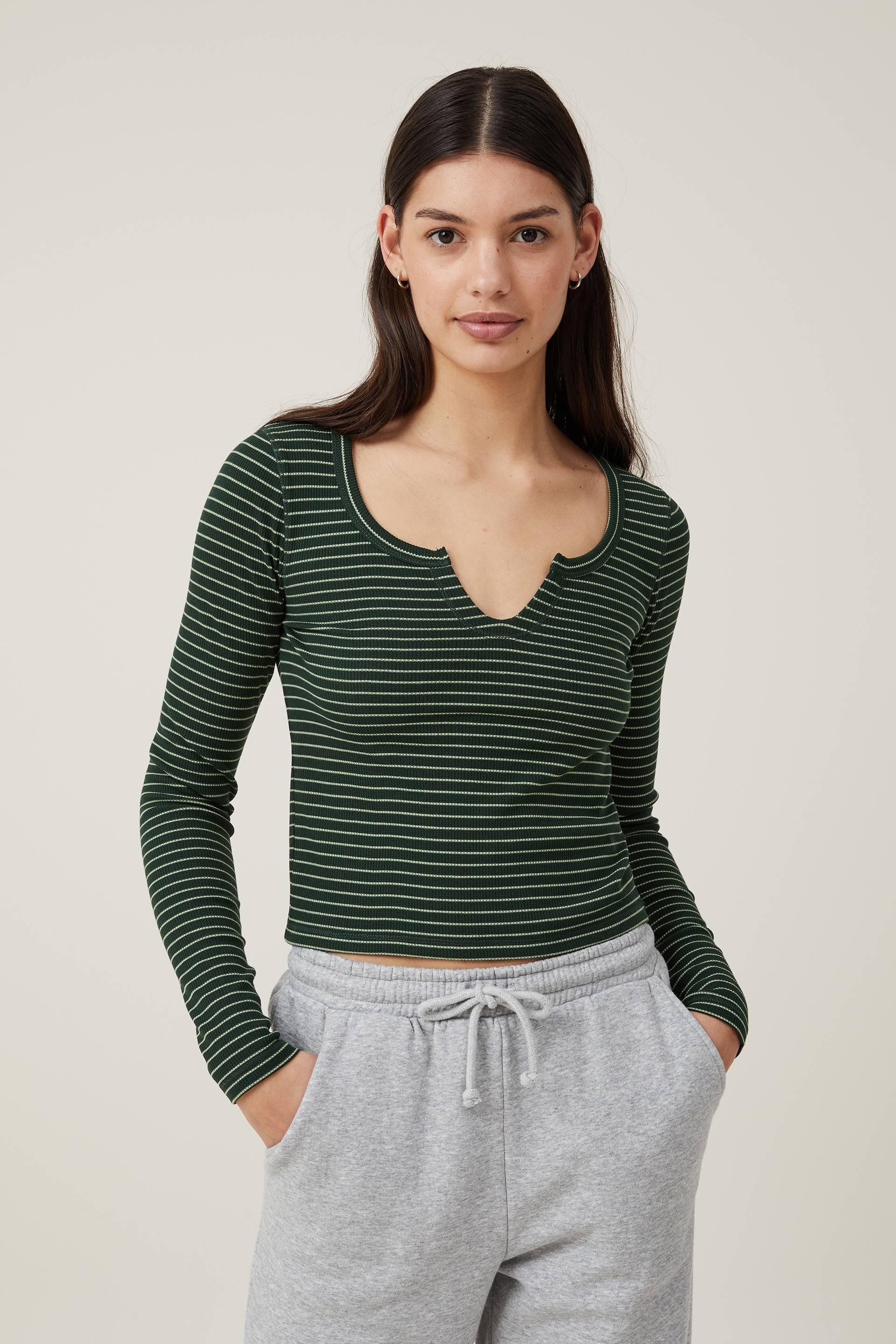 Cotton On Women - Willa Waffle Long Sleeve Top - Chloe stripe alpine forest/sage green