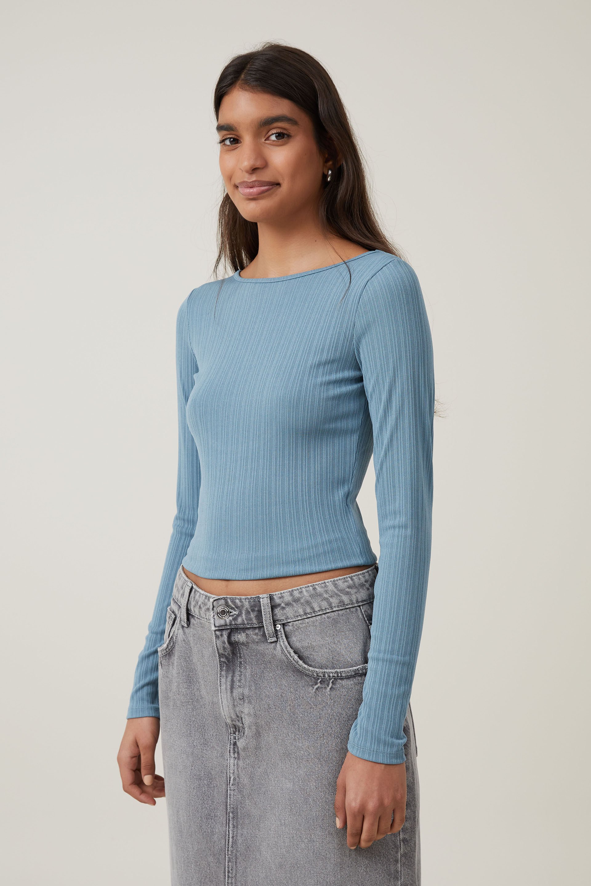 Cotton On Women - Romy Boat Neck Backless Long Sleeve Top - Aspen blue