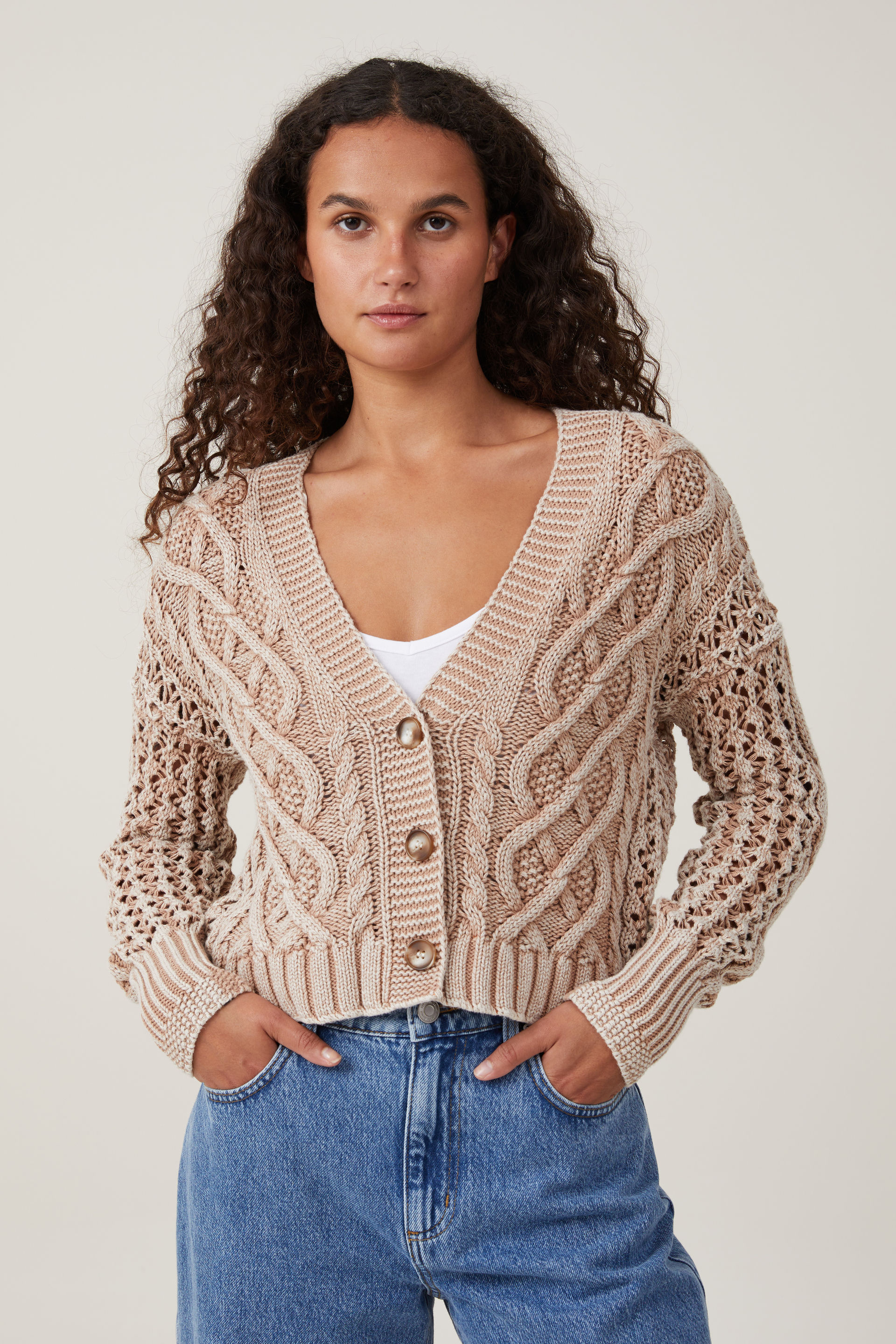 Cotton On Women - Washed Mid Crop Cable Cardigan - Washed wheat