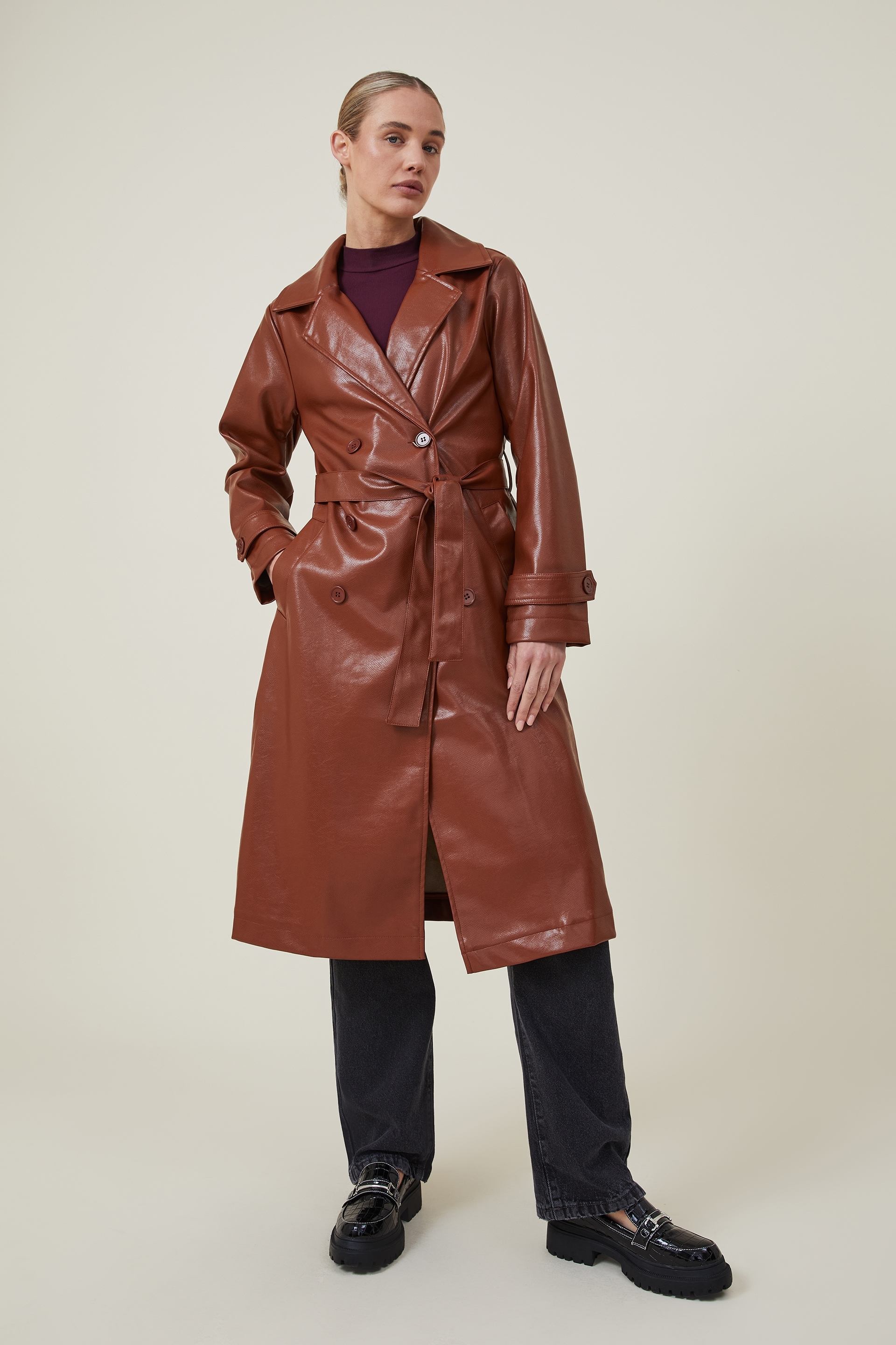 limited edition faux leather trench coat