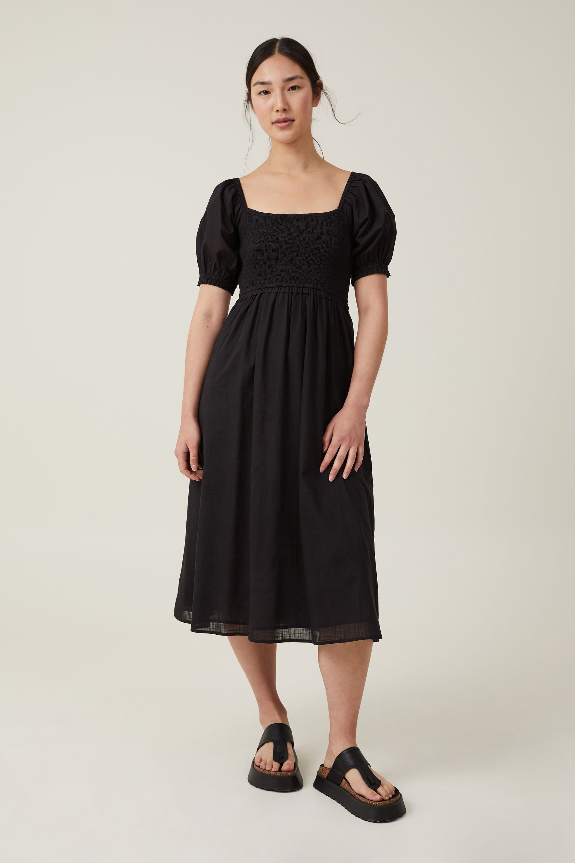 Black puff clearance sleeve midi dress