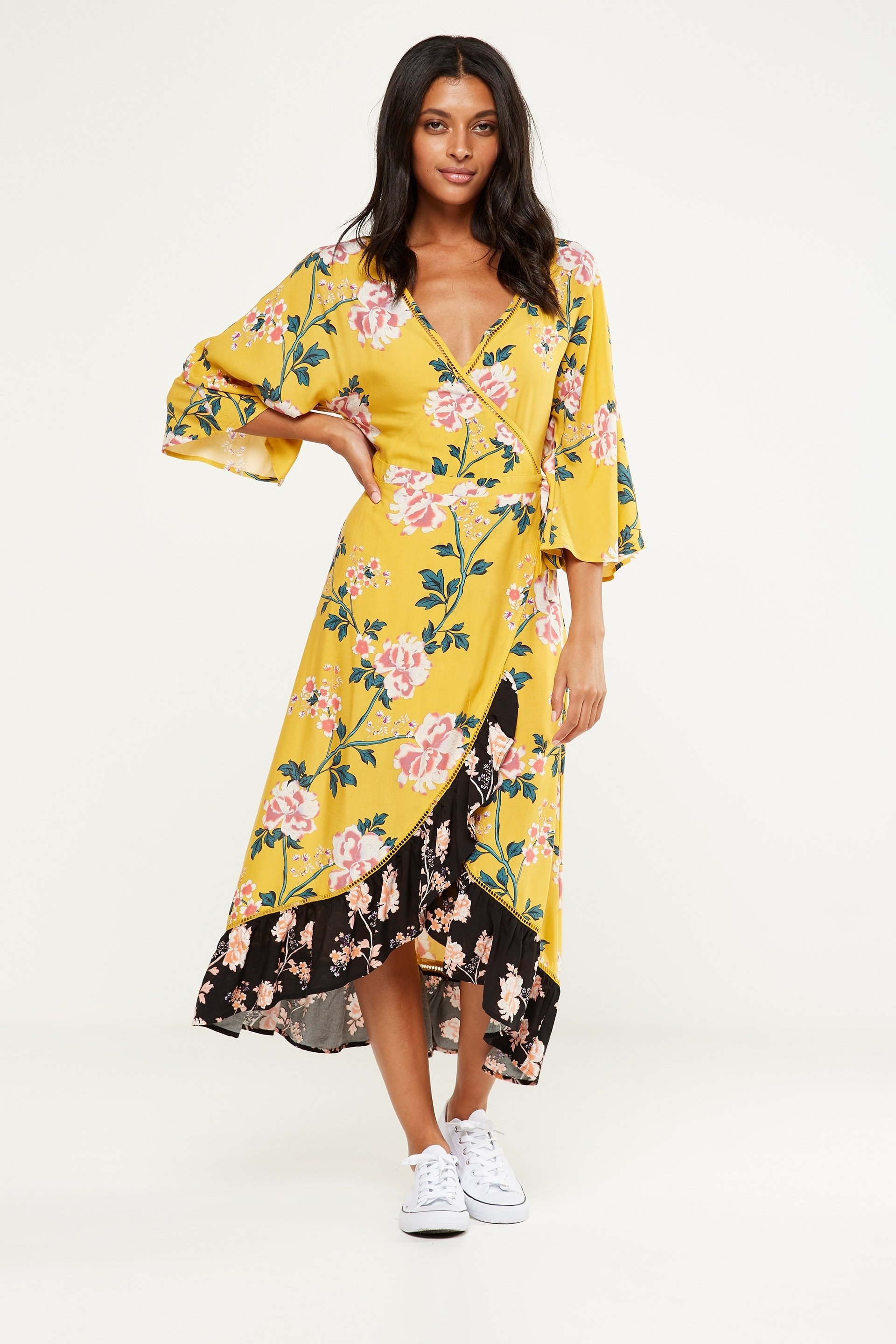 long floral wrap dress