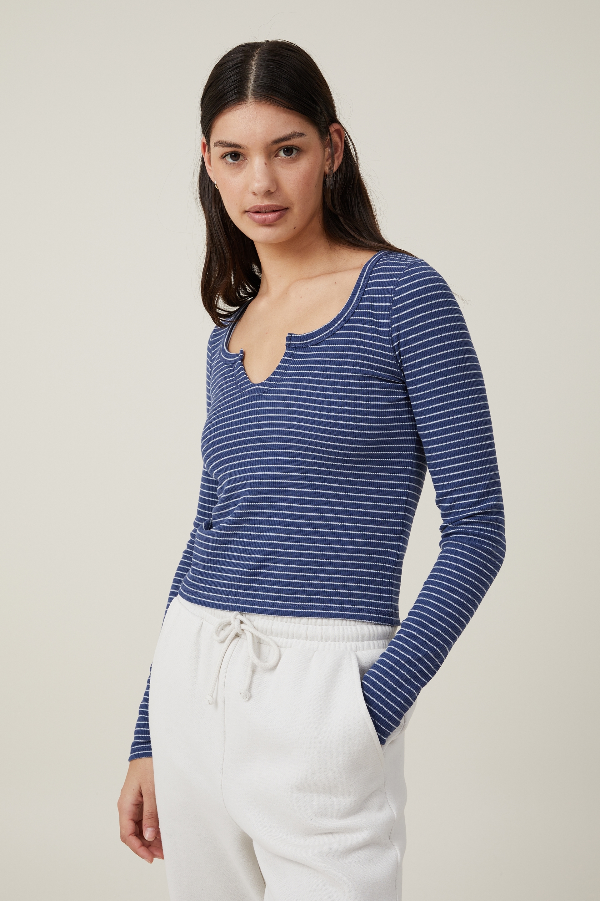 Cotton On Women - Willa Waffle Long Sleeve Top - Chloe stripe vintage navy/glacier