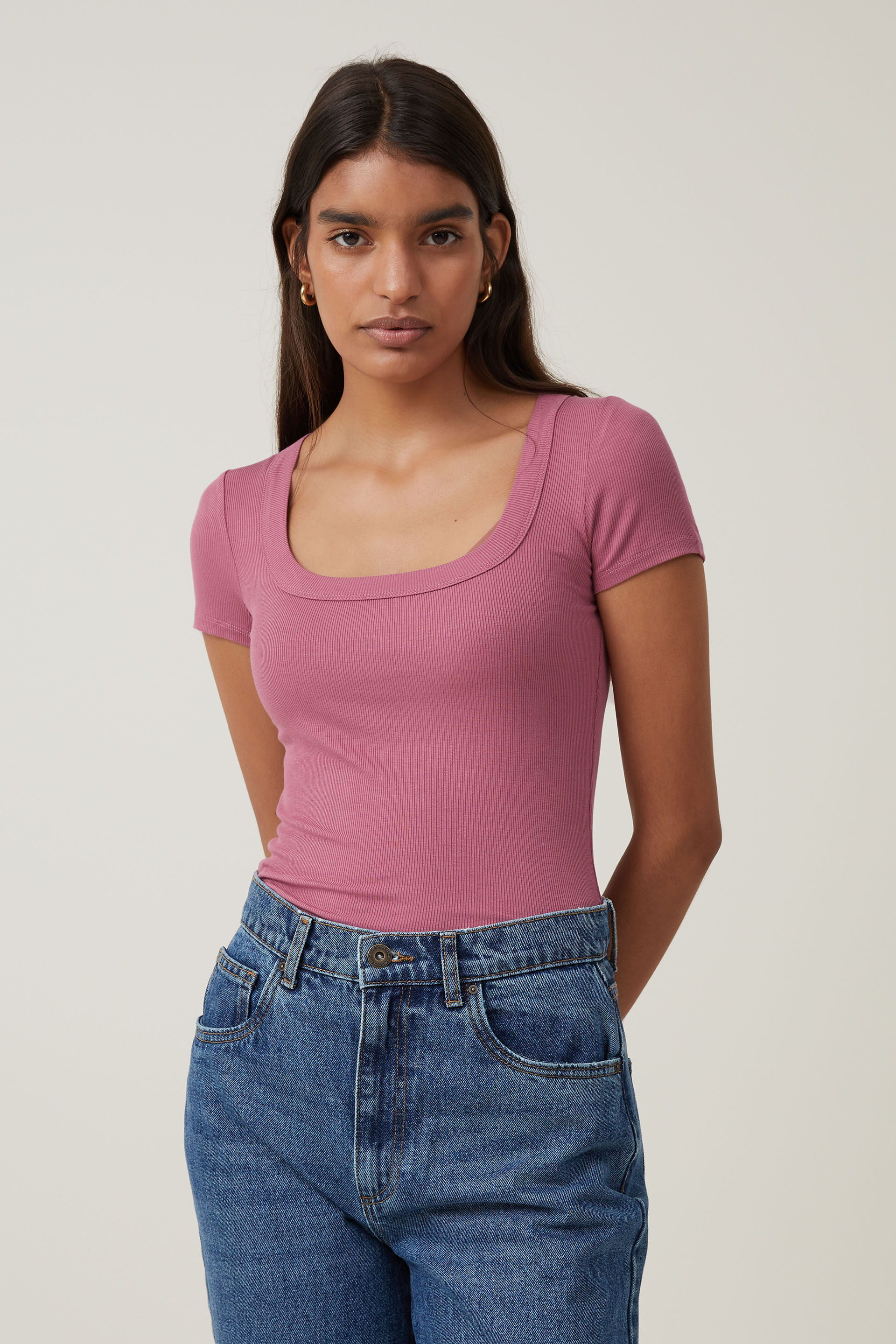 Cotton On Women - Staple Rib Scoop Neck Short Sleeve Top - Soft berry
