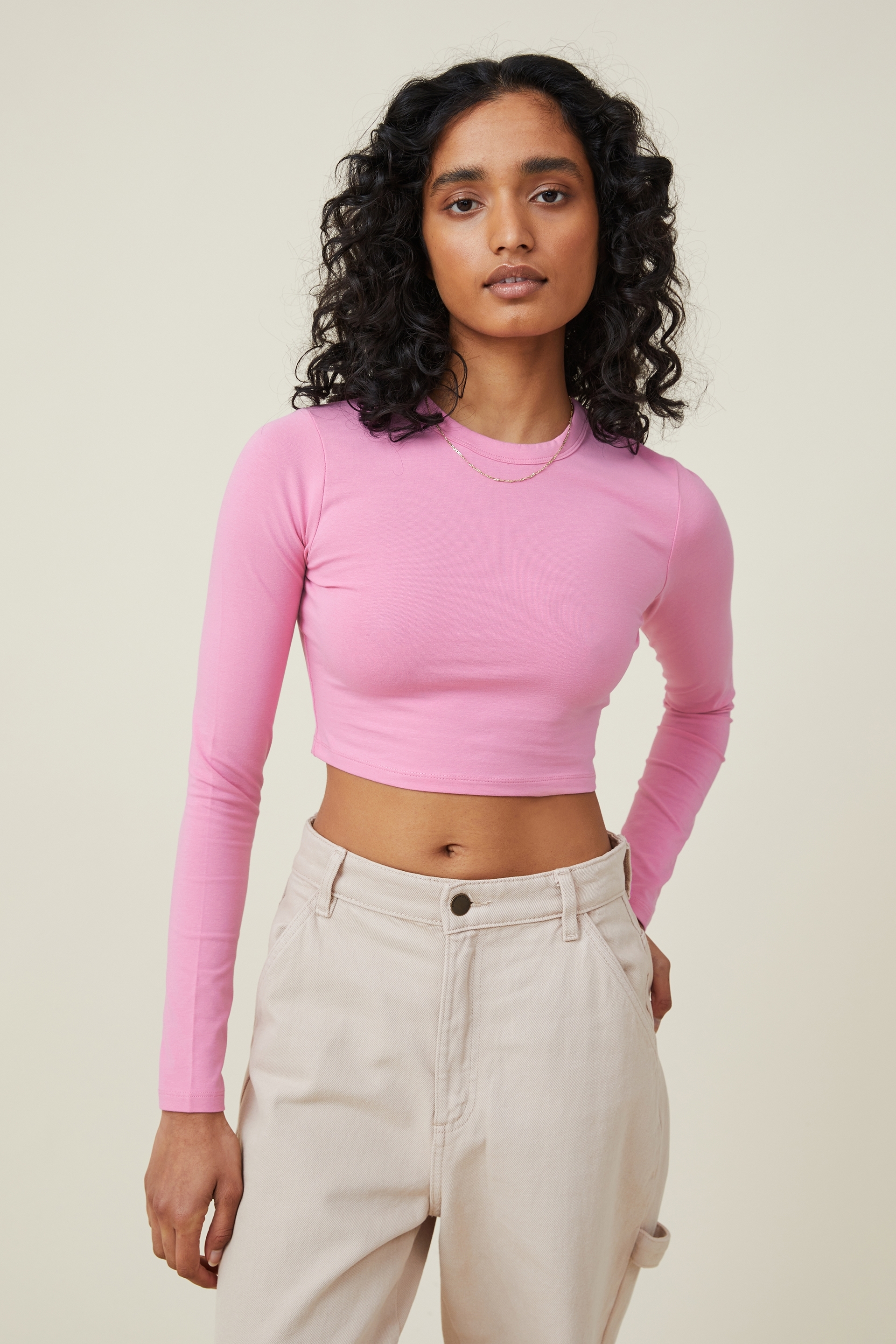 Cotton On Women - Micro Crop Long Sleeve Top - Joy pink