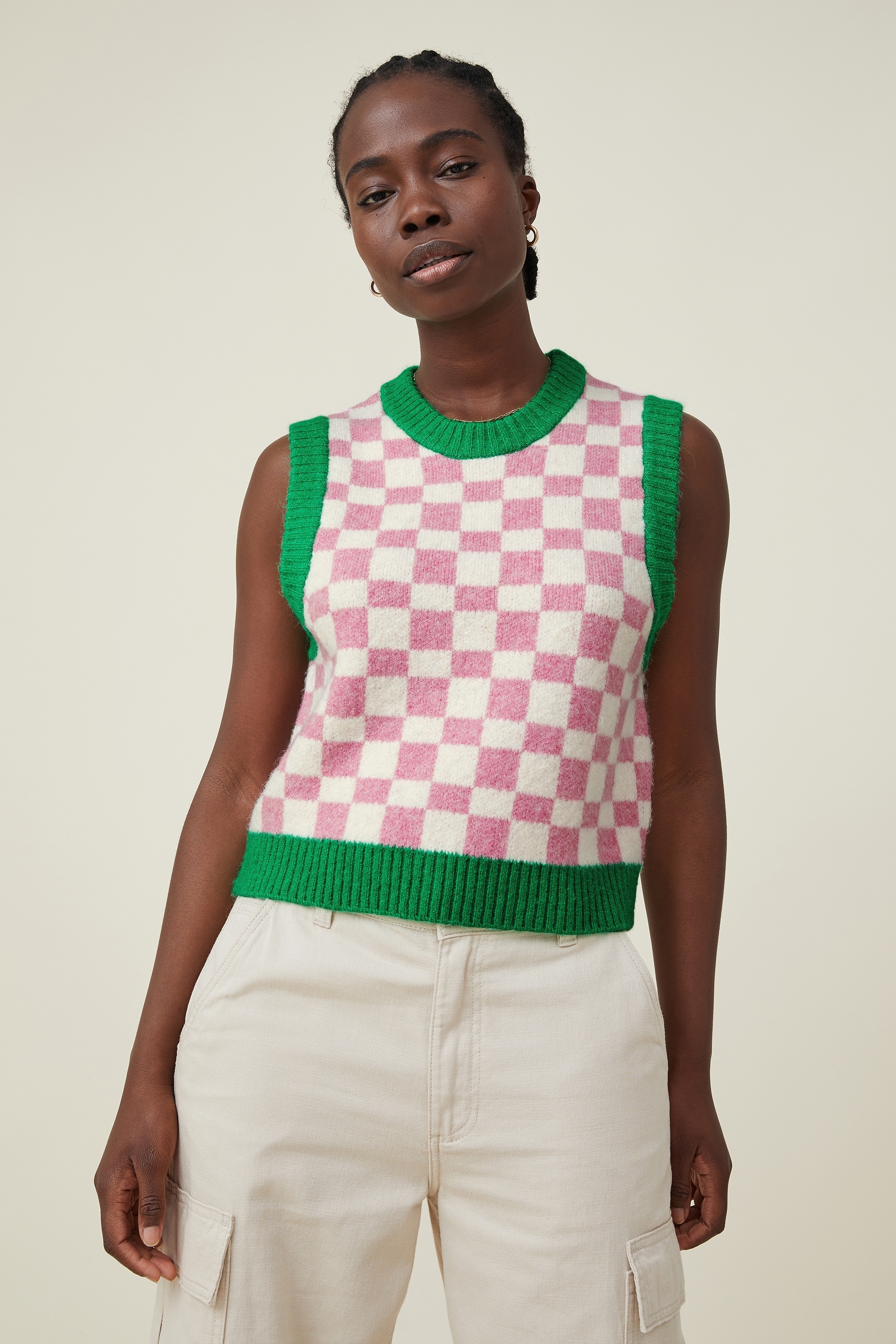 Cotton On Women - Colour Block Vest - Amy checkerboard/retro pink/brightgreen trim