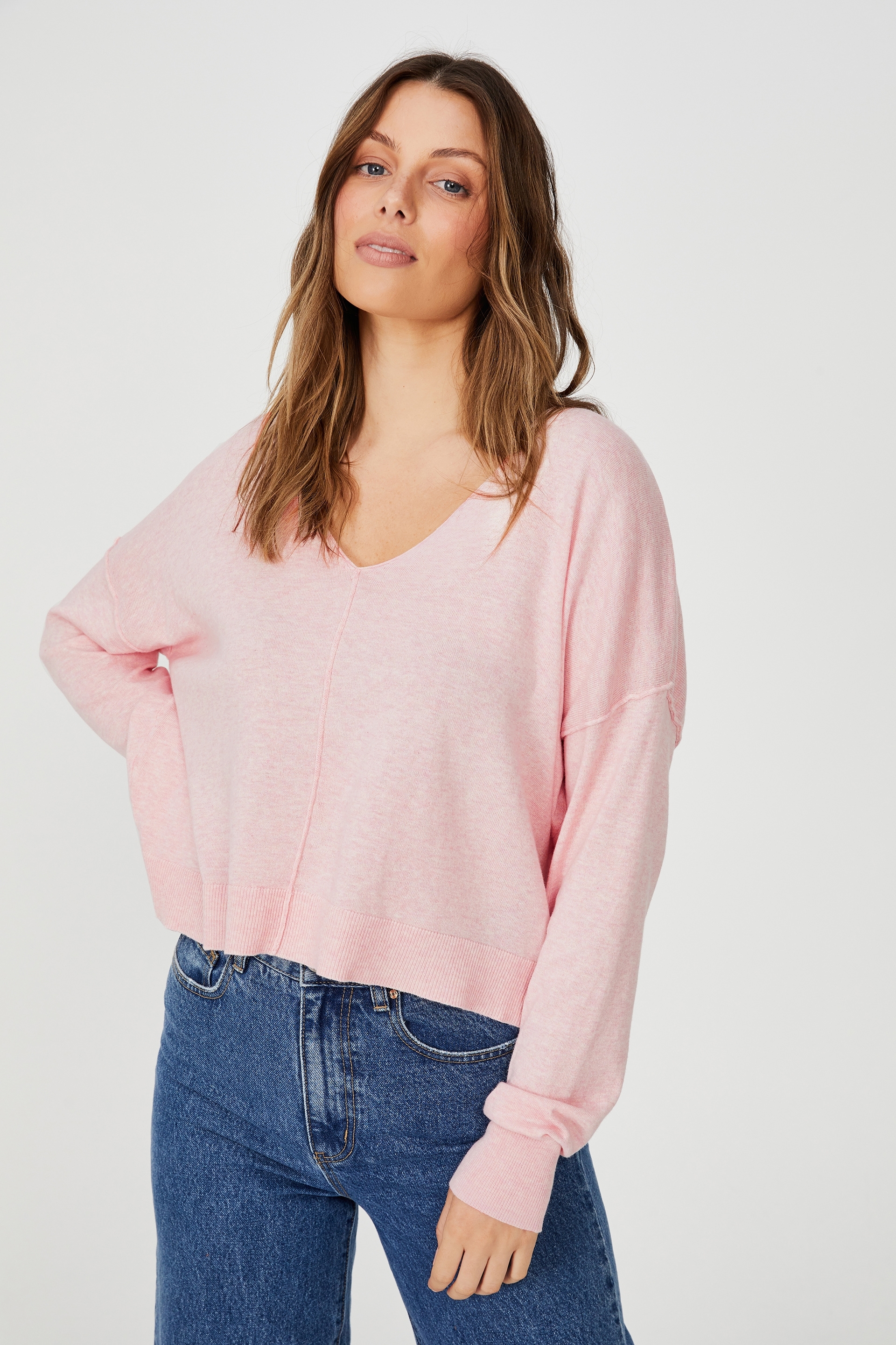 Cotton On Women - Cotton Vegetable Dye V Neck Pullover - Mulberry pink marle