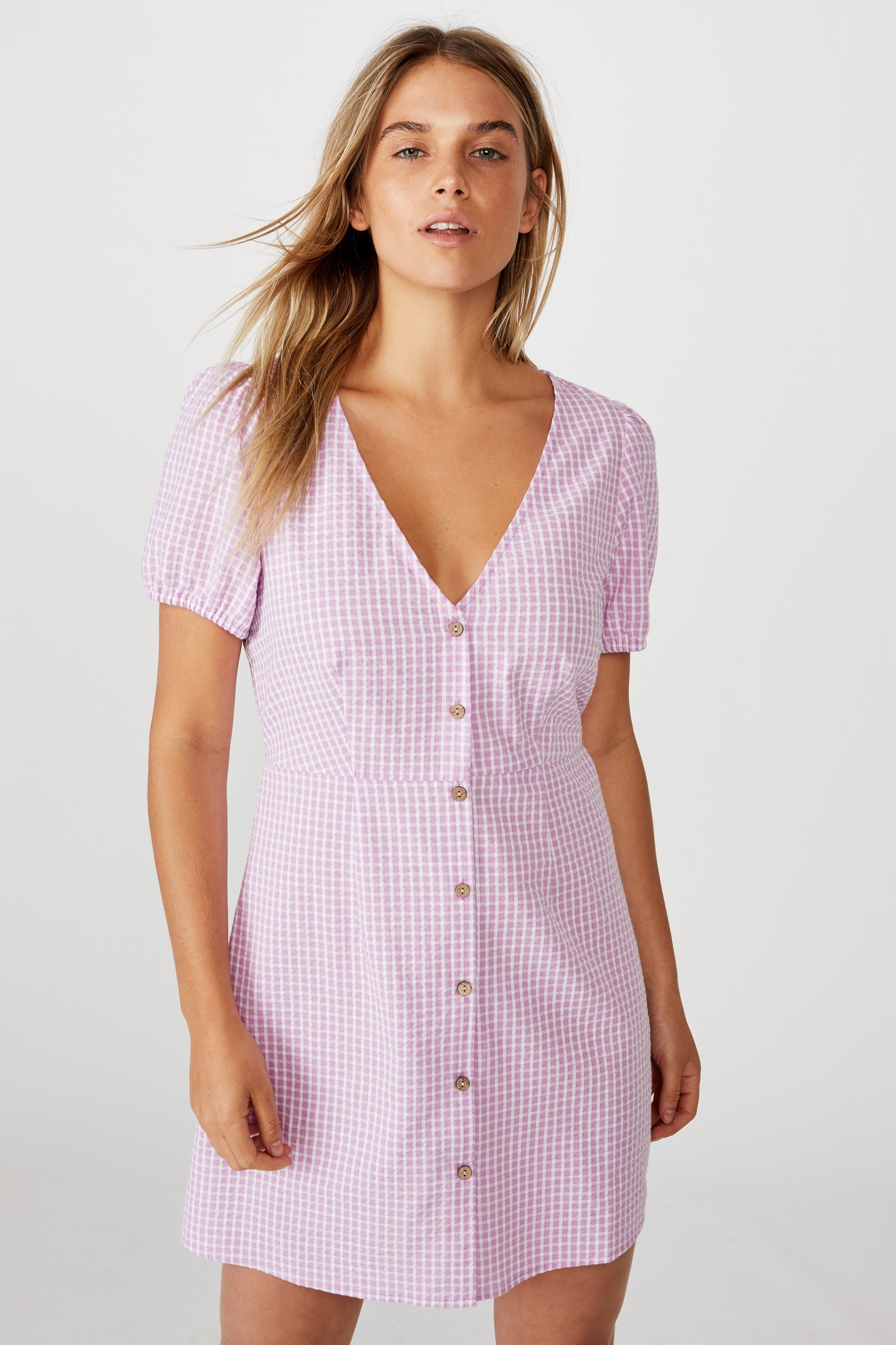 Cotton On Women - Woven Briony Button Front Mini Dress - Lana gingham lilac
