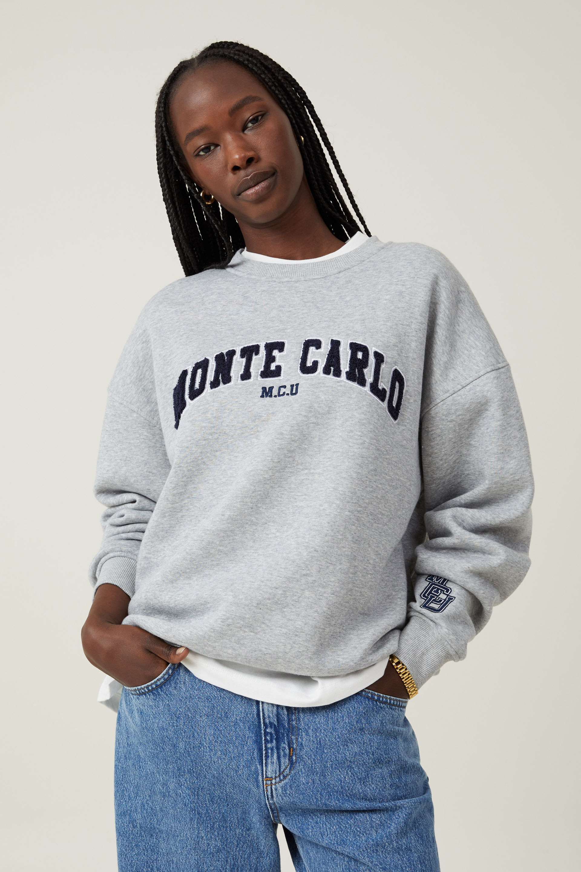 Cotton On Women - Classic Fleece Graphic Crew Sweatshirt - Monte carlo / grey marle