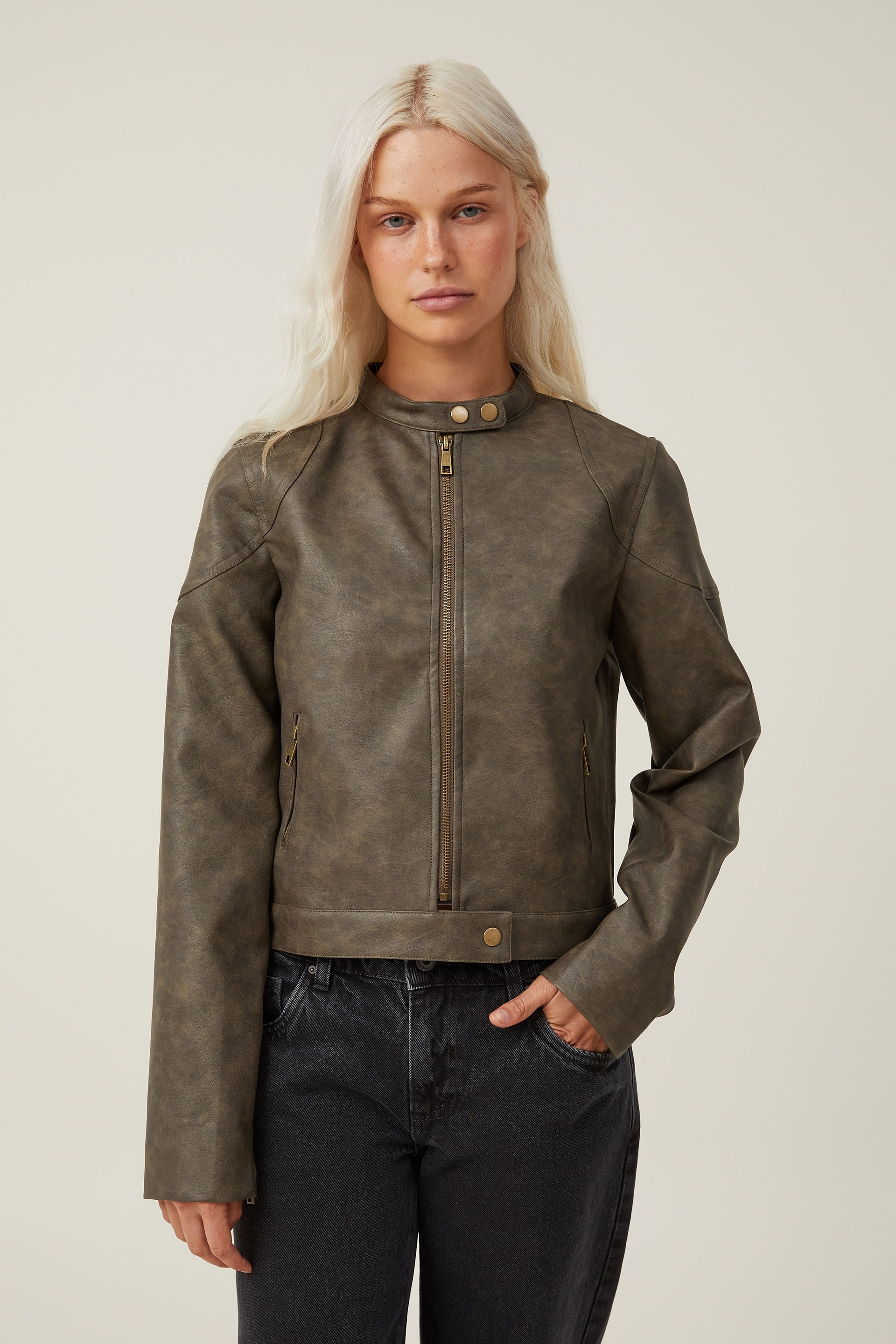 Cotton on Women - Faux Leather Bomber Jacket - Washed Brown