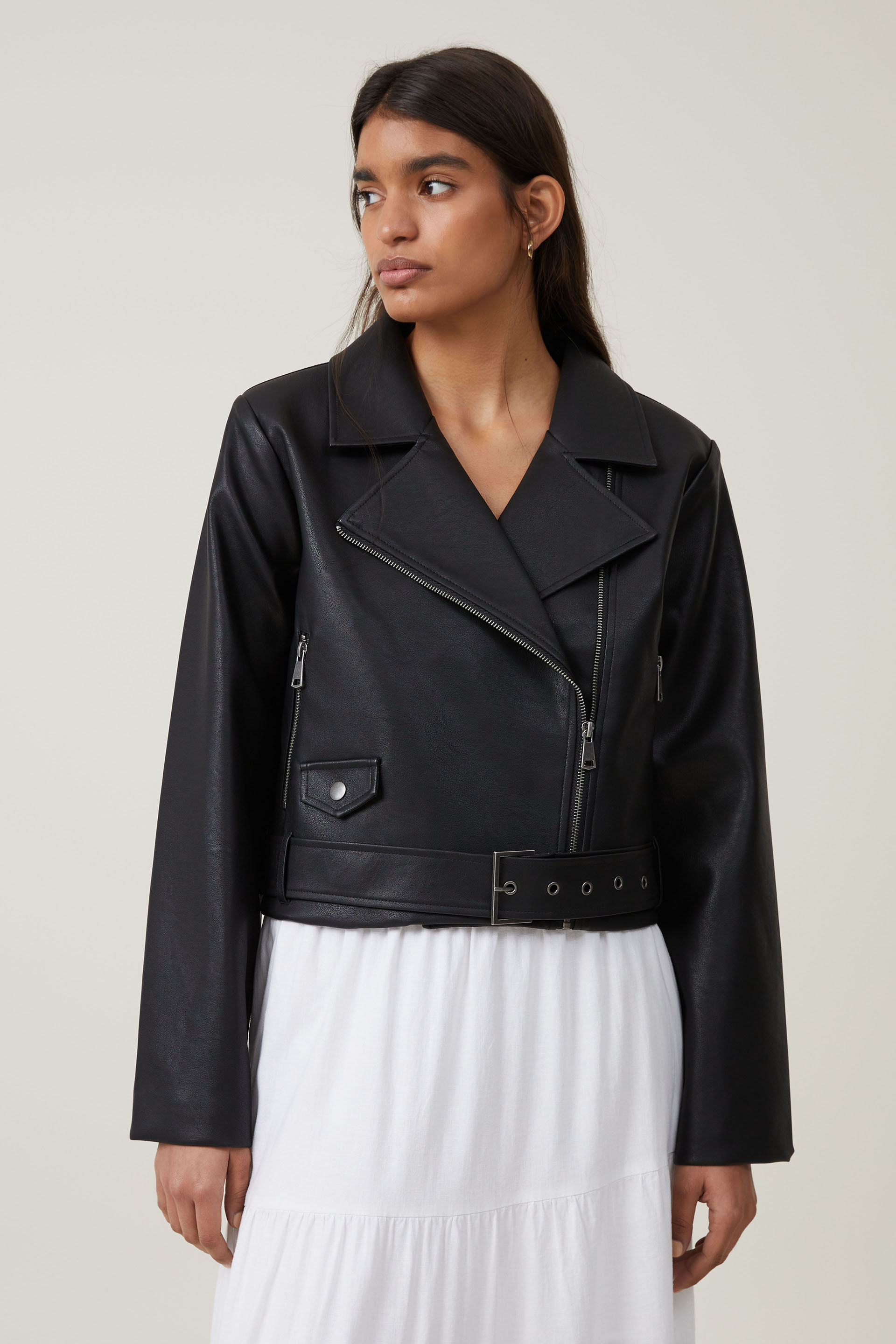 FAUX LEATHER CROP BIKER JACKET - Black