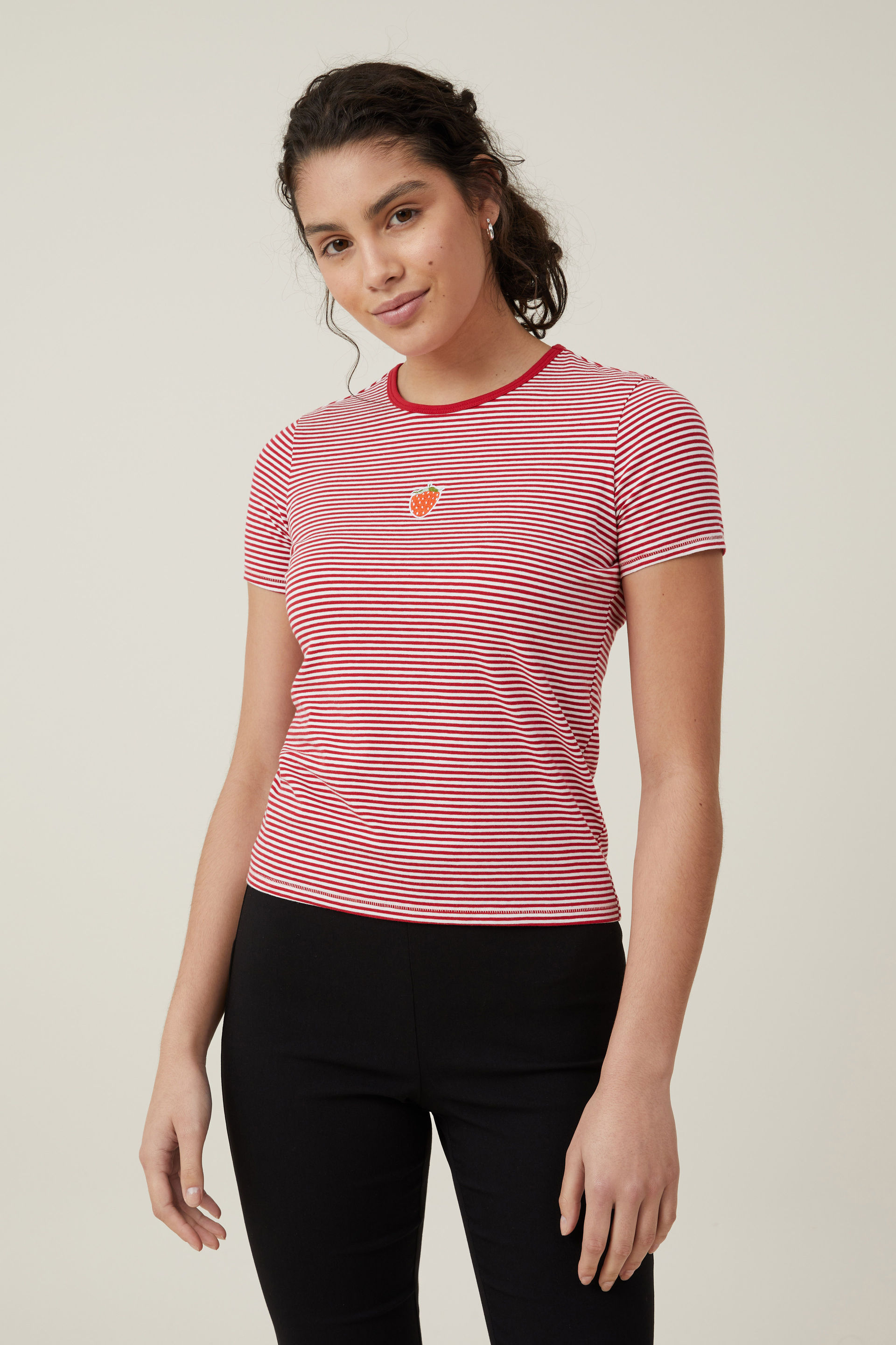 Cotton On Women - Fitted Graphic Longline Tee - Berry / red white stripe