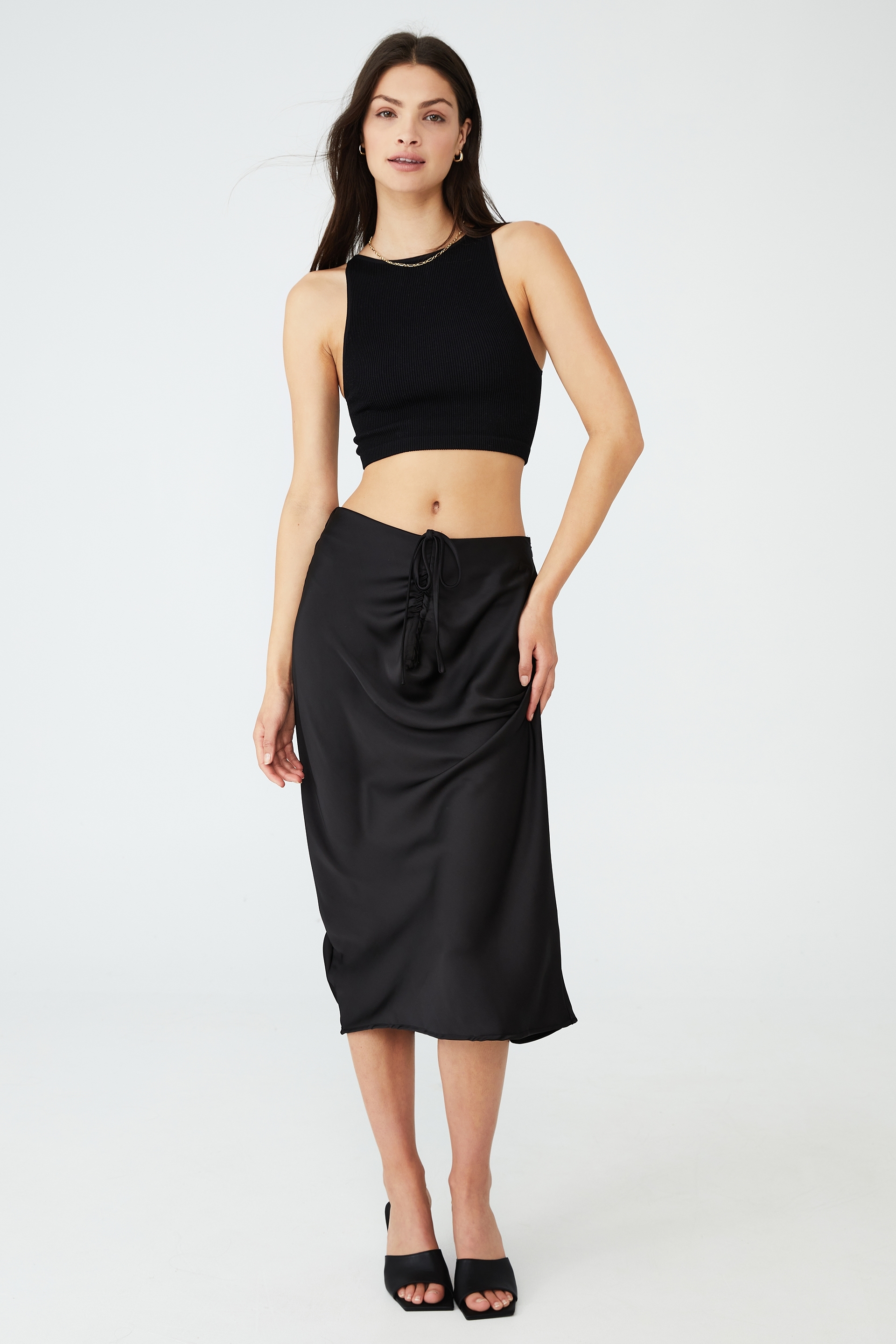 Cotton On Women - Woven Santorini Satin Ruched Midi Skirt - Black