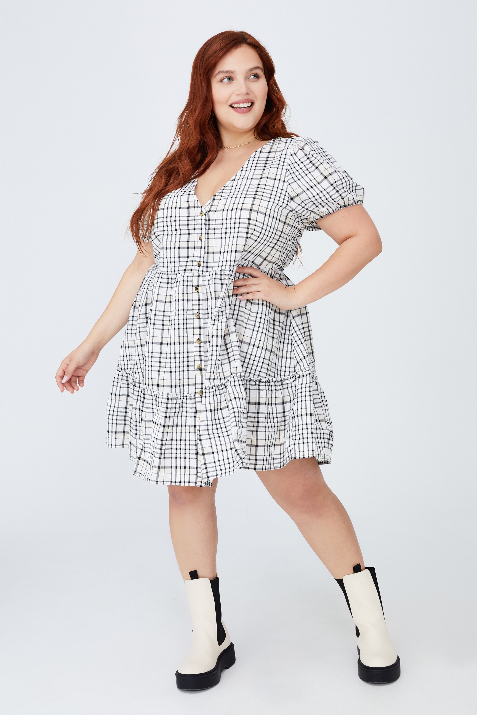 checked woven mini dress